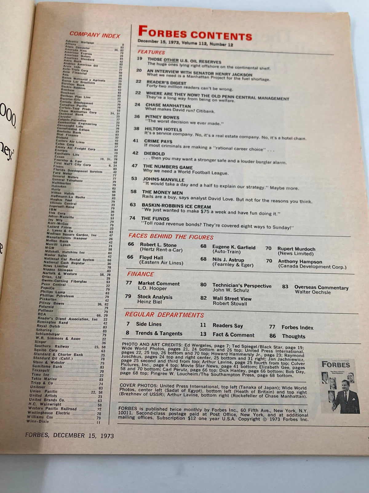Contents page of the VTG Forbes Magazine from December 15, 1973, listing articles and features including 'Chase Manhattan' and index of companies and finance topics.