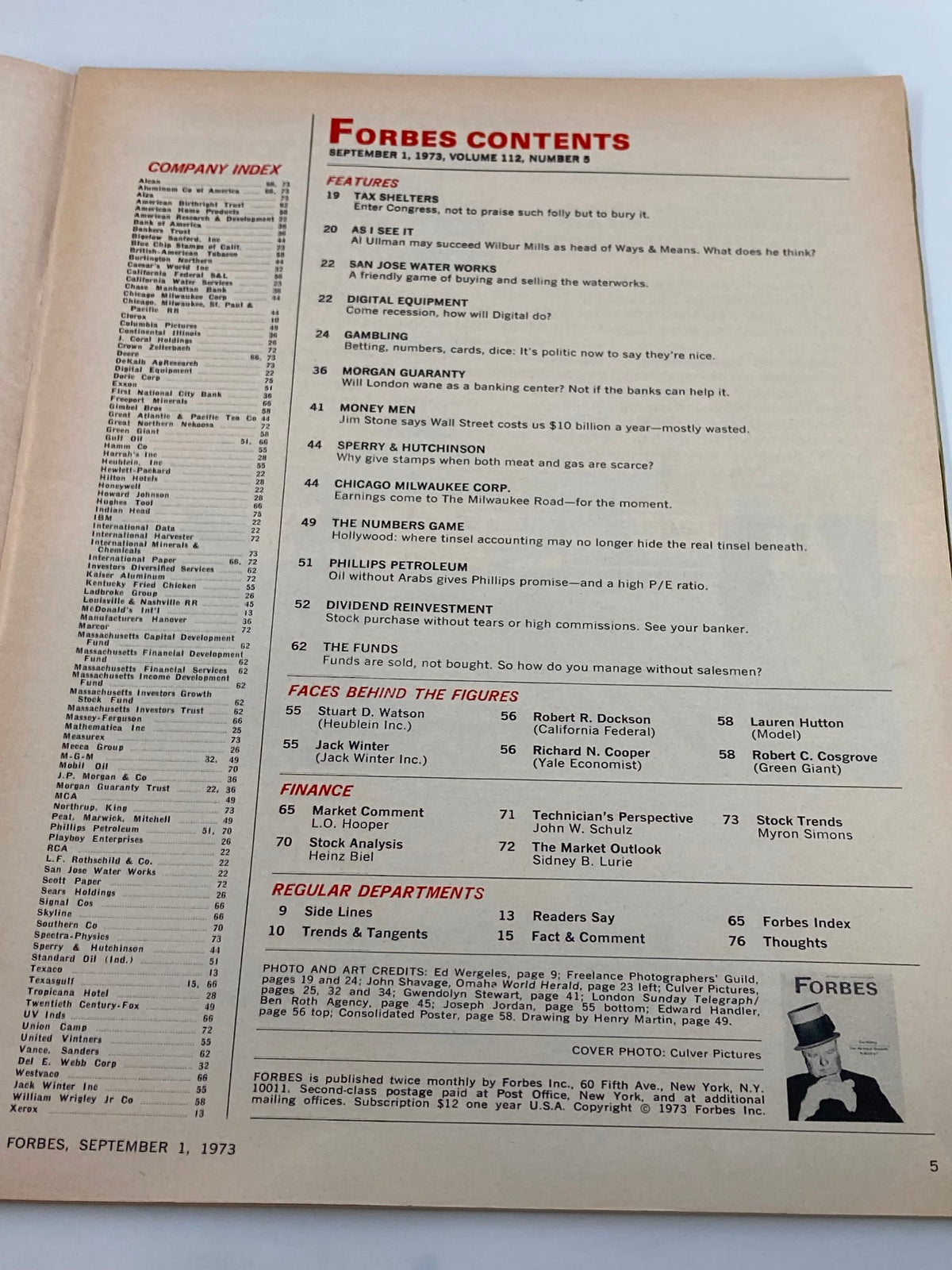 Contents page of Forbes Magazine, September 1, 1973, detailing features including articles on gambling and various economic topics.