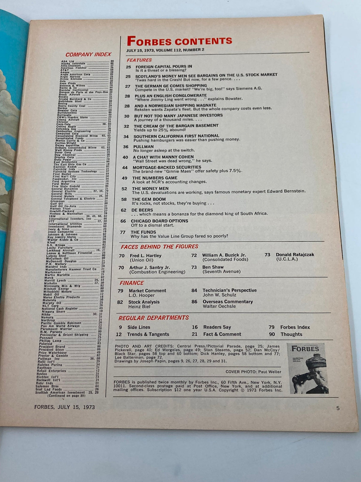 Forbes Magazine July 15, 1973, featuring the contents page highlighting articles such as 'How Wall Street Looks to the Canny Scotts' and financial insights relevant to the era.