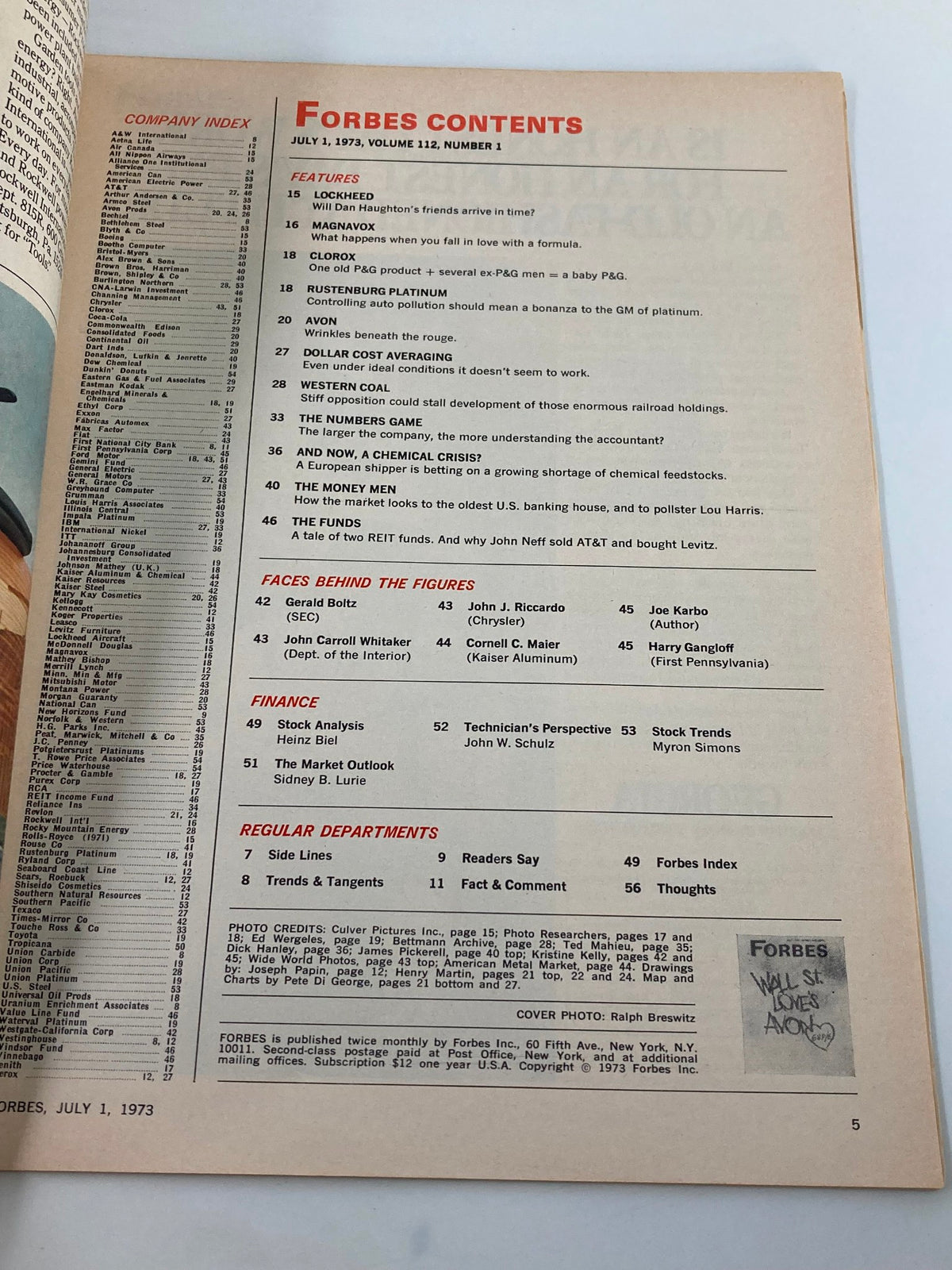 Contents page of VTG Forbes Magazine July 1, 1973, highlighting featured articles and sections including finance and company index.