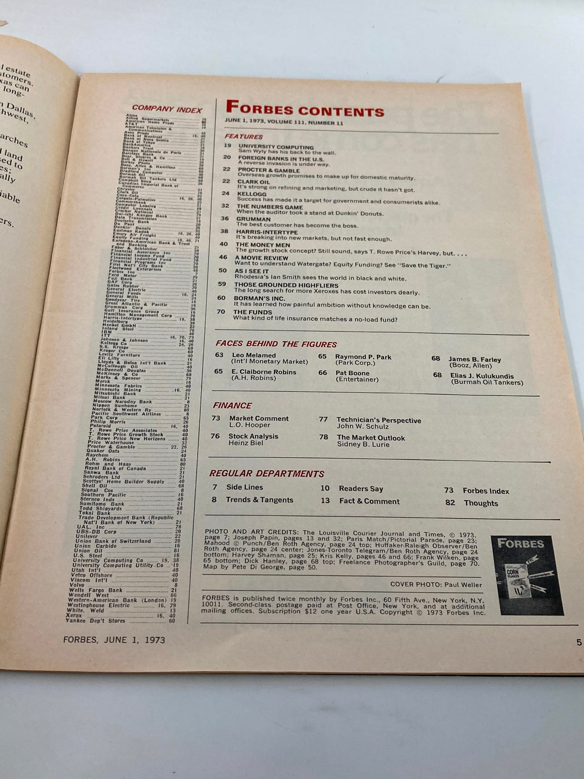 Contents page of the VTG Forbes Magazine June 1, 1973, showcasing the company index and featured articles, providing insight into the magazine's coverage of economic trends and consumer culture.