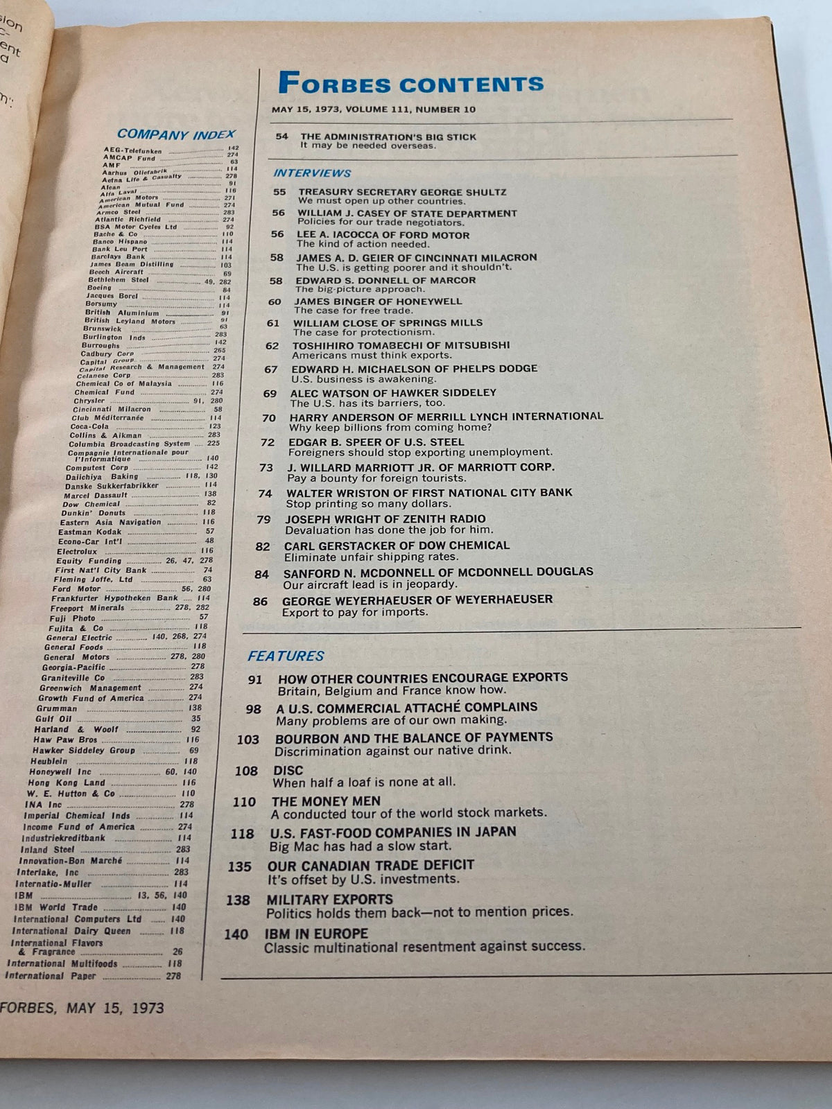 Contents page of Forbes Magazine May 15, 1973, listing various articles and interviews, highlighting key economic and political themes from that edition.