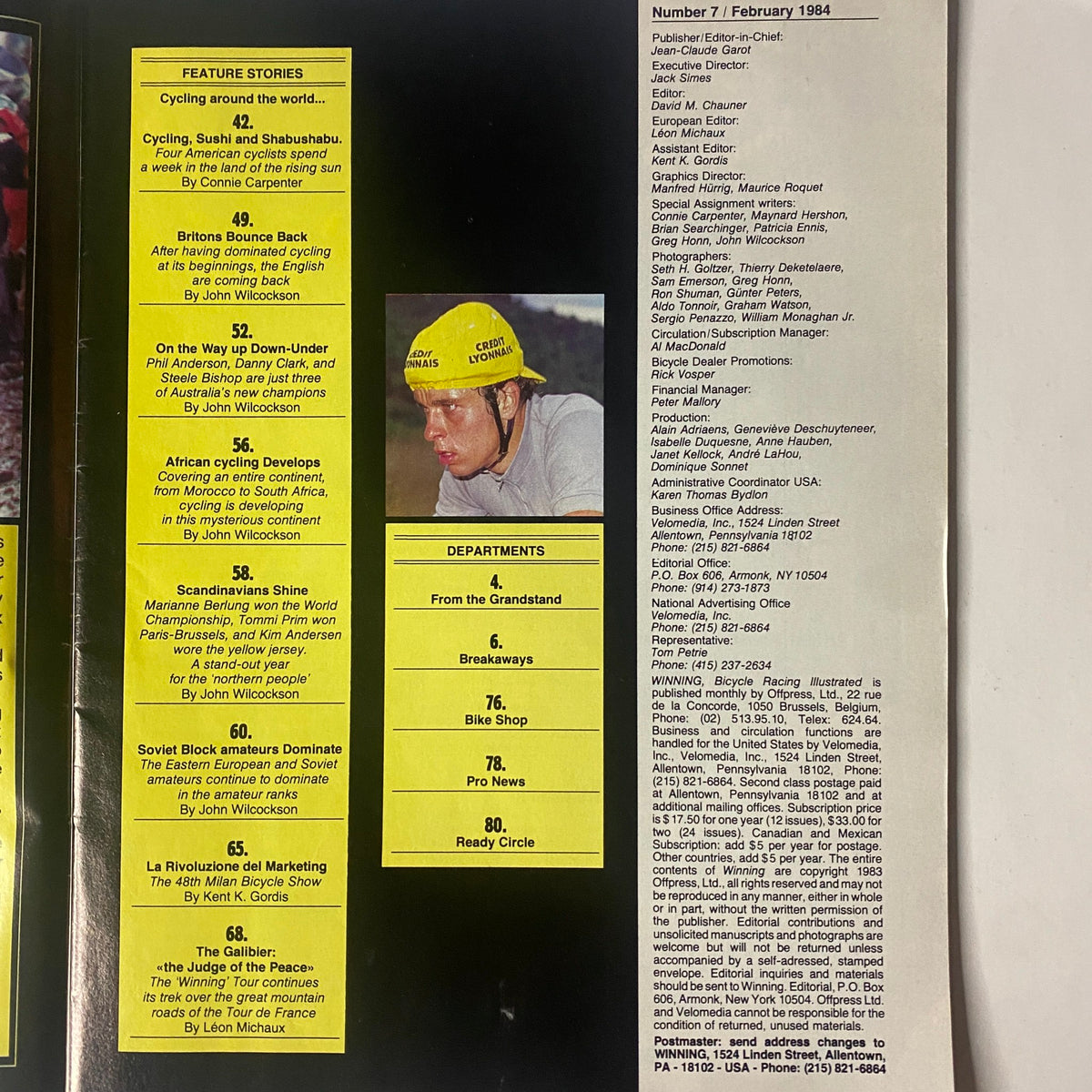 Inside page of Winning Bicycle Racing Illustrated, February 1983, No. 7 displaying feature stories and departments related to global cycling trends, including articles on cycling in Africa, Scandinavia, and marketing innovations.
