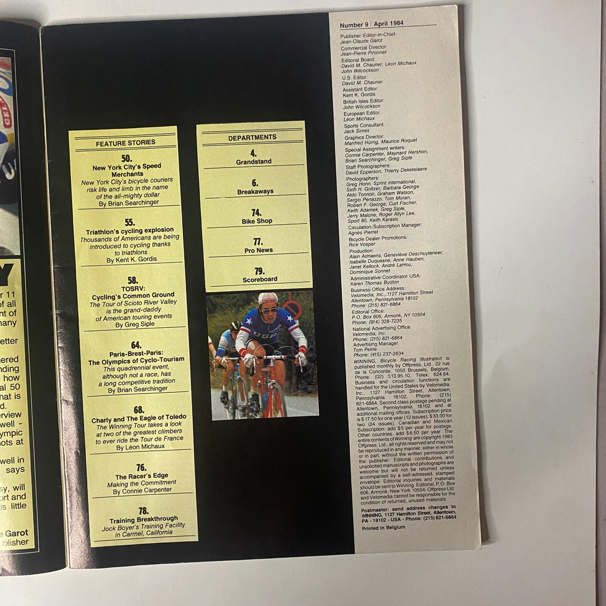 Page from Winning Bicycle Racing Illustrated, April 1984, No. 9, showcasing feature stories including NYC bicycle couriers and triathlon cycling—VG condition.