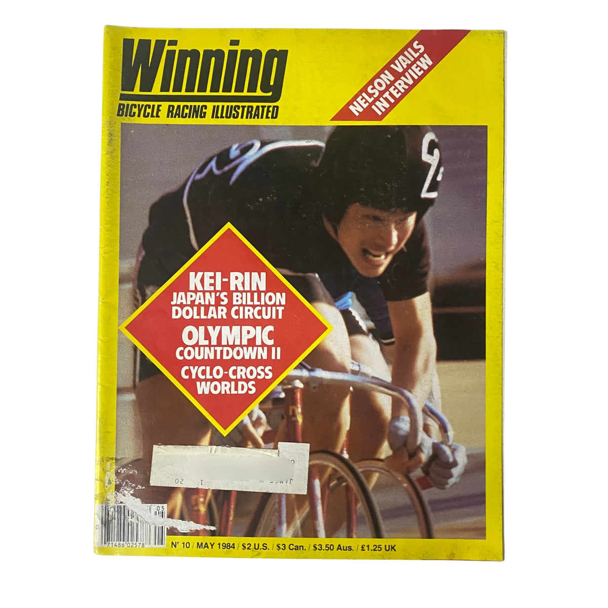 Cover of Winning Bicycle Racing Illustrated, May 1984 No. 10, featuring Kei-rin and Olympic Countdown II articles, highlighting Japan's cycling culture.
