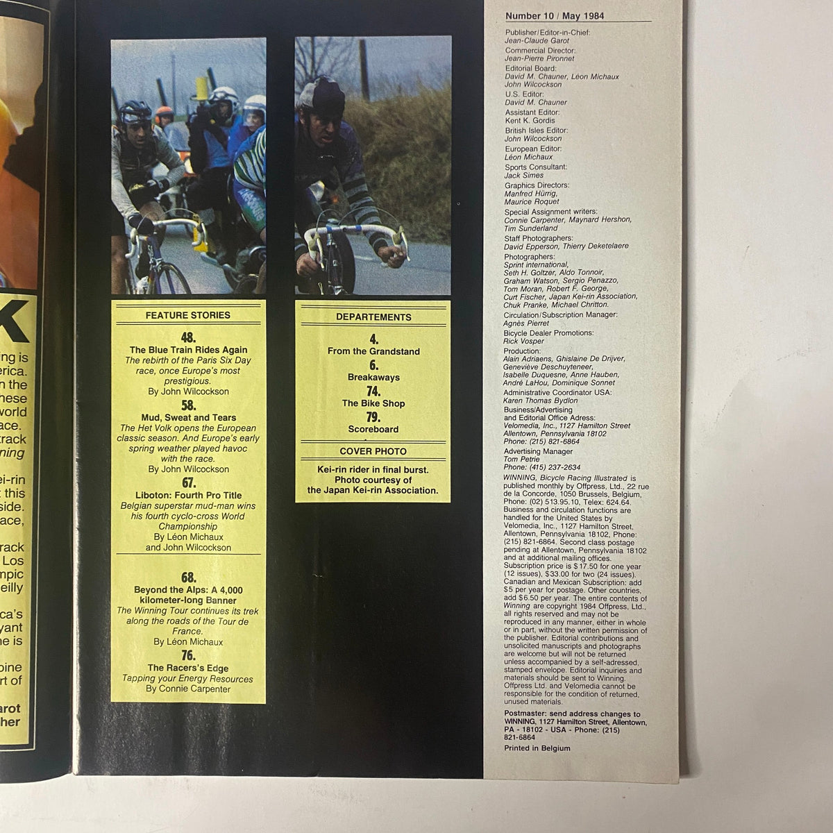 Second inside page of Winning Bicycle Racing Illustrated May 1984 No. 10, listing feature stories and departments along with a cover photo of a Kei-rin rider.