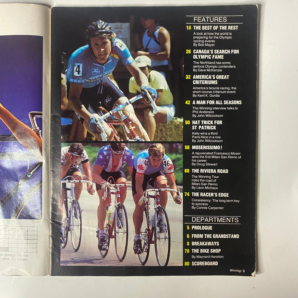 Interior page of Winning Bicycle Racing Illustrated, June 1984, No. 11 displaying features and departments, including cycling highlights and articles by various authors.