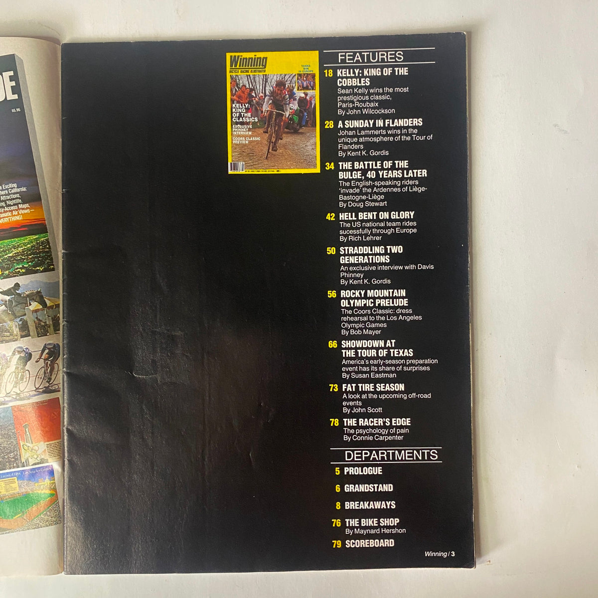 Back cover of Winning Bicycle Racing Illustrated, July 1984, No. 12 displaying interior features including articles on cycling events and prominent riders of the era, alongside a continuation of the magazine's design.
