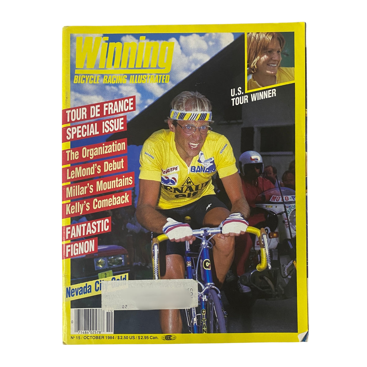 Cover of Winning Bicycle Racing Illustrated October 1984 No. 15 featuring Laurent Fignon, highlighting the Tour de France Special Issue with colorful graphics and cycling imagery.