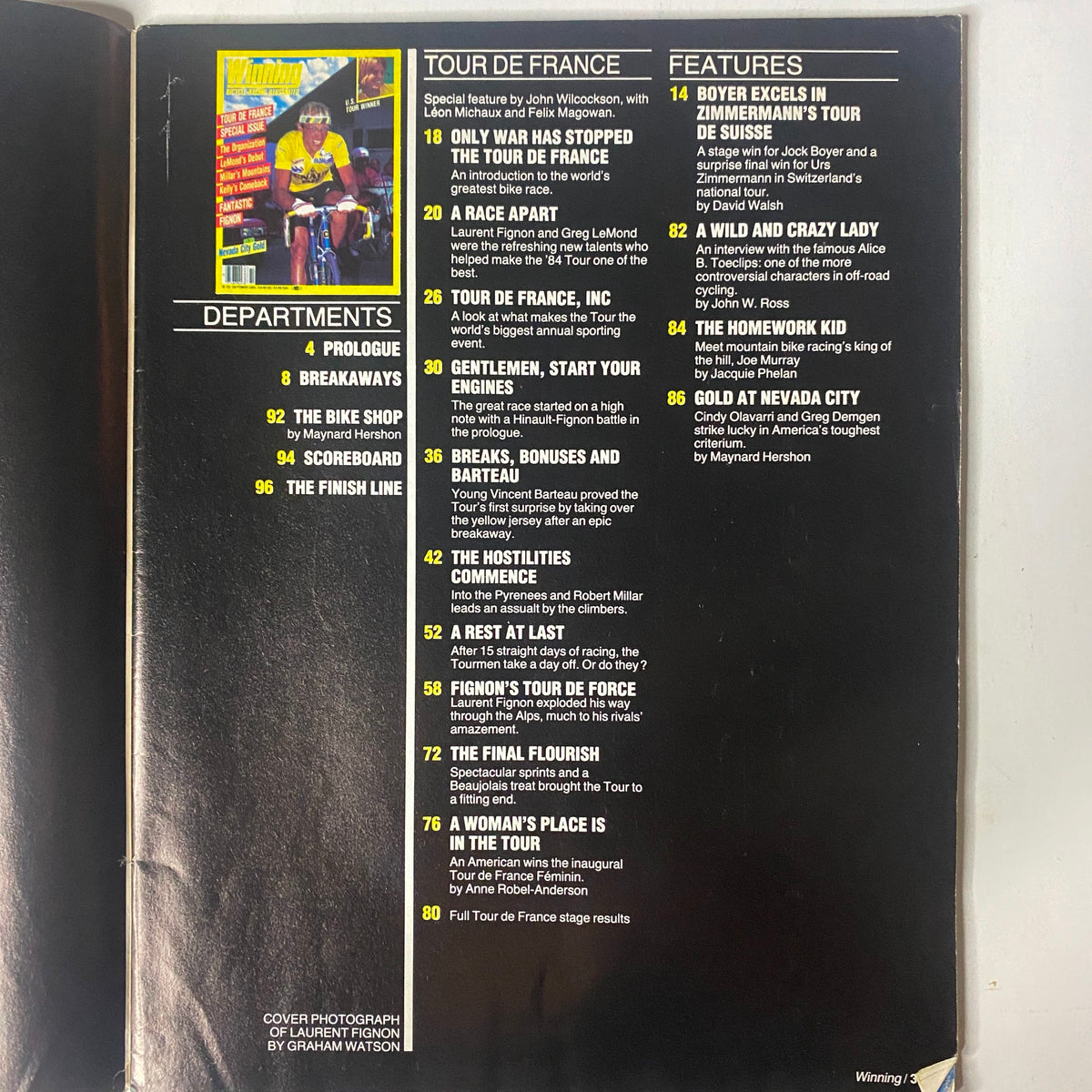 Inside pages of Winning Bicycle Racing Illustrated October 1984 No. 15, displaying the table of contents along with articles related to the Tour de France and cycling features.