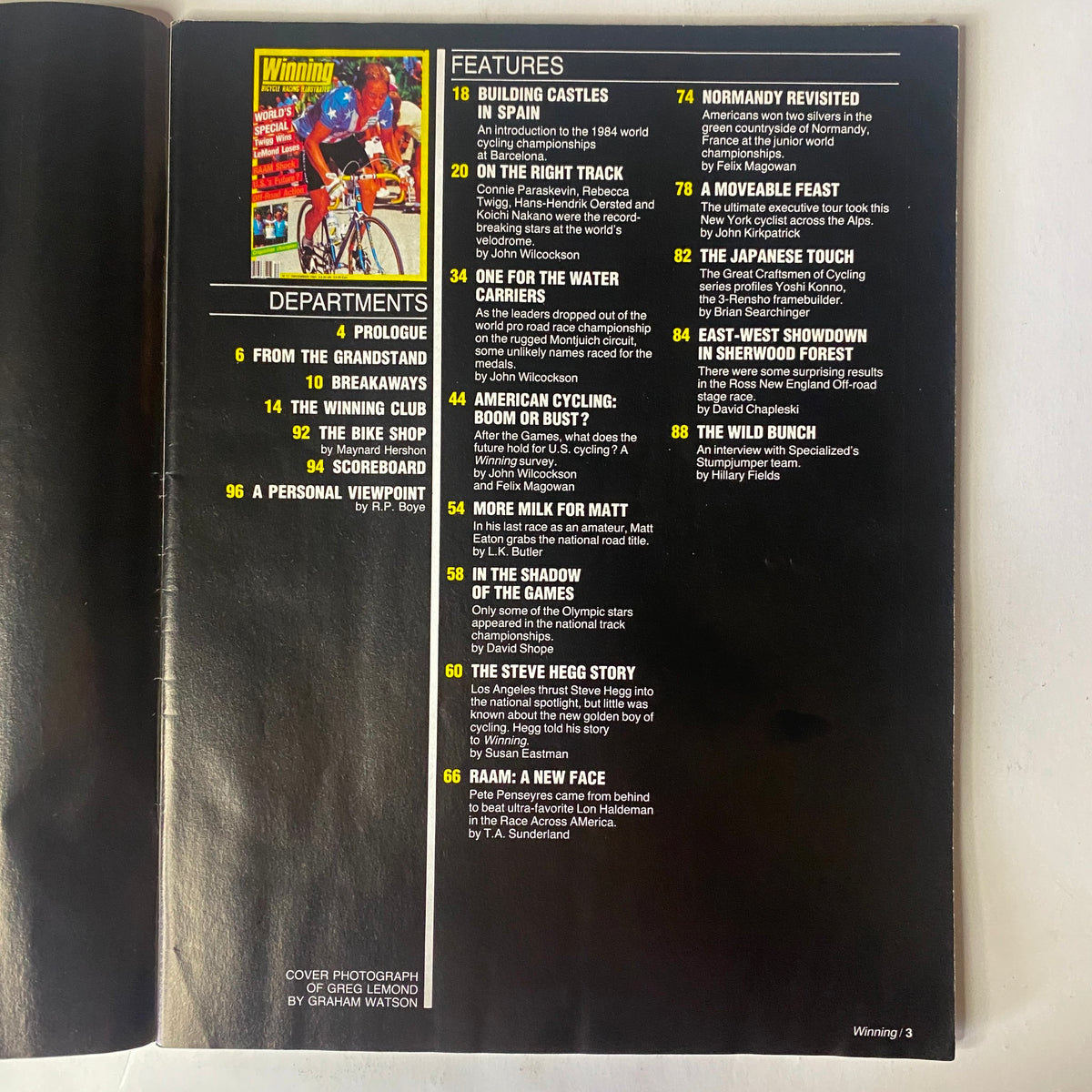 Interior page of Winning Bicycle Racing Illustrated, December 1984, No. 17, displaying the table of contents and features, showcasing articles about cycling events and personalities.