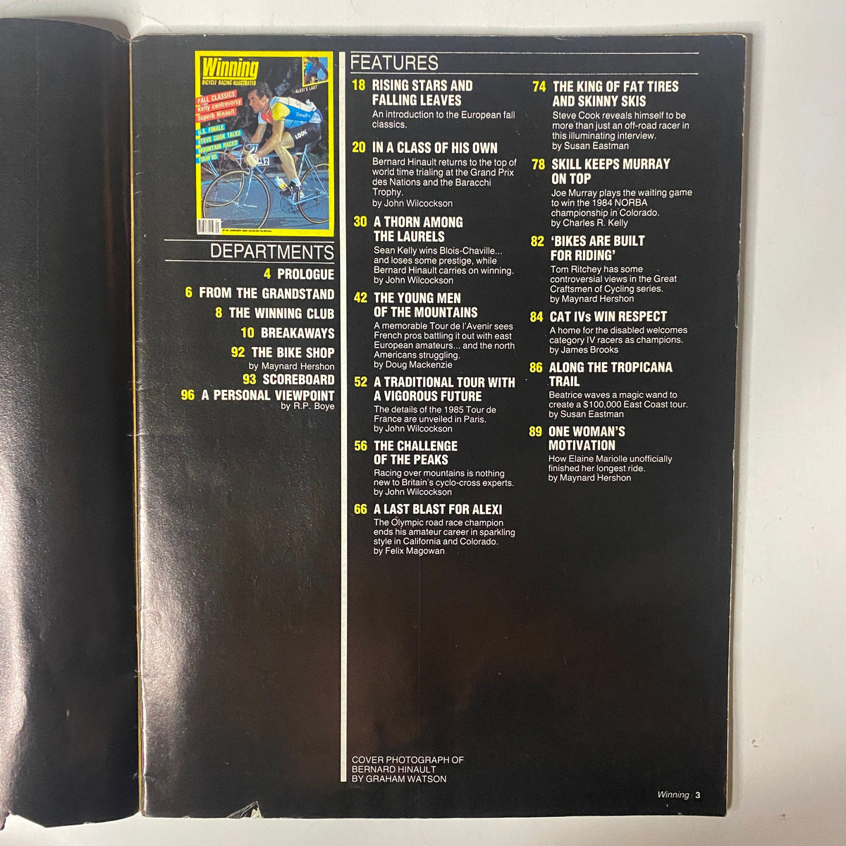 Inside content pages of Winning Bicycle Racing Illustrated January 1985 No. 18, outlining features including Rising Stars and Falling Leaves, The King of Fat Tires and Skinny Skis, and more.