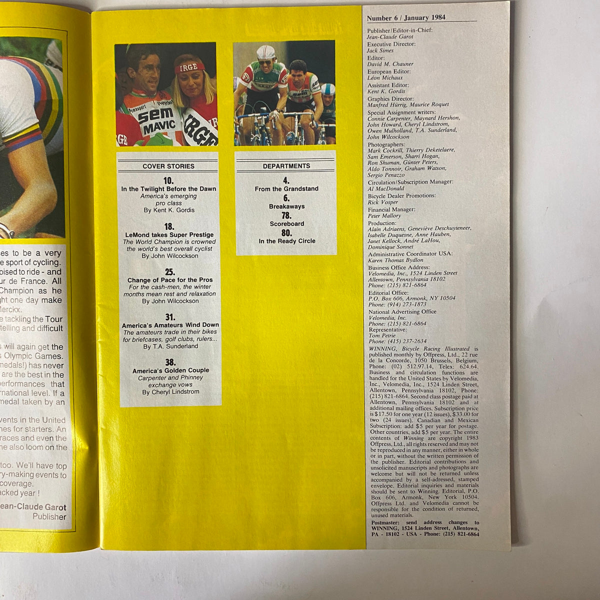 Contents page of Winning Bicycle Racing Illustrated, January 1984, listing cover stories and departments, including features on Greg LeMond and America's amateur cyclists.