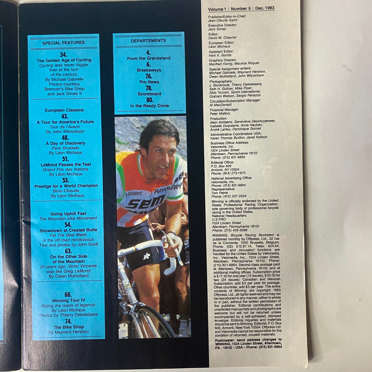 Inside view of Winning Bicycle Racing Illustrated December 1983 No. 5 showcasing special features and departments. The magazine covers notable events and achievements in cycling history, including the impact of Greg LeMond.