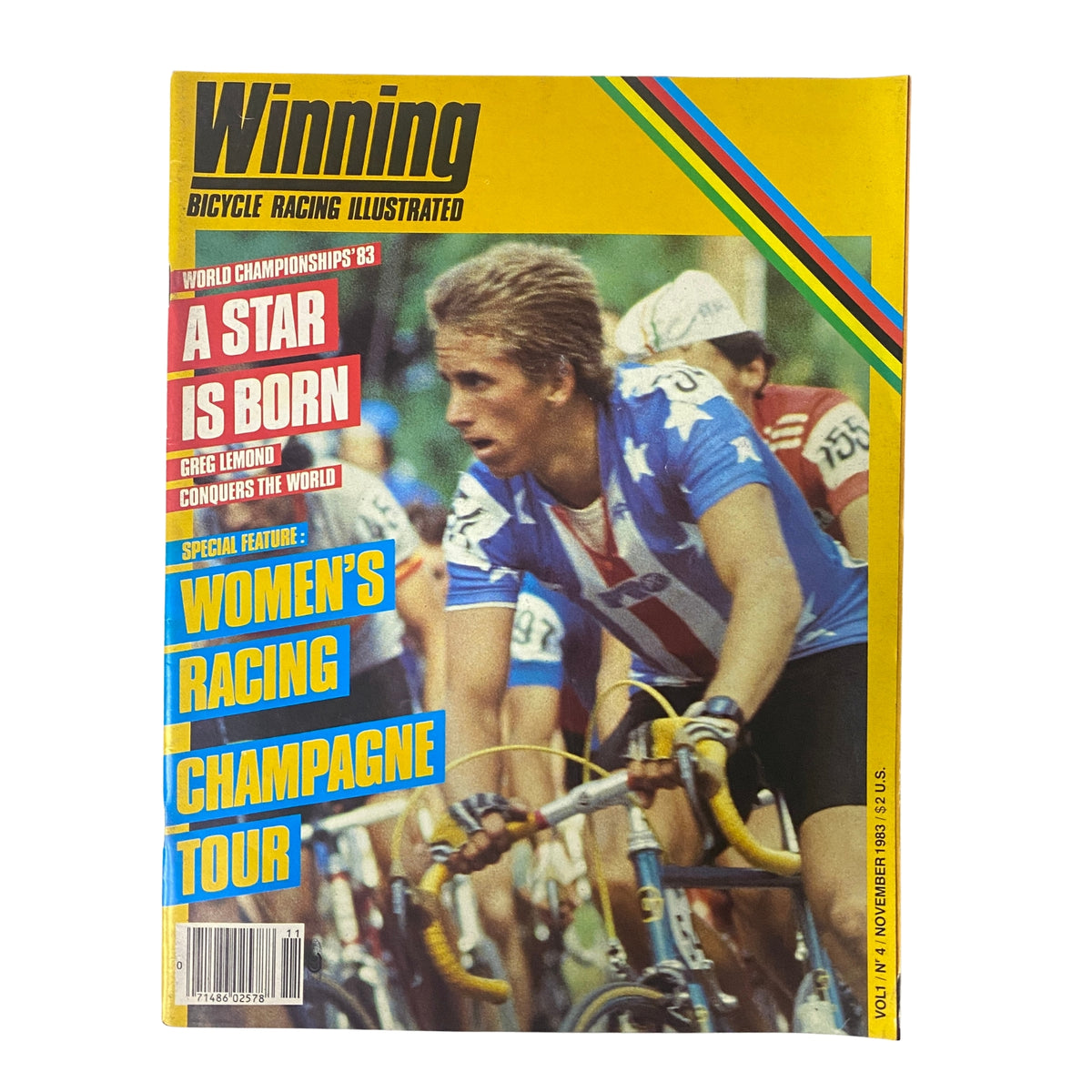Winning Bicycle Racing Illustrated, November 1983, featuring Greg LeMond on cover with the headline 'A Star is Born'. Highlights include coverage of the 1983 World Cycling Championships and a focus on women's racing.