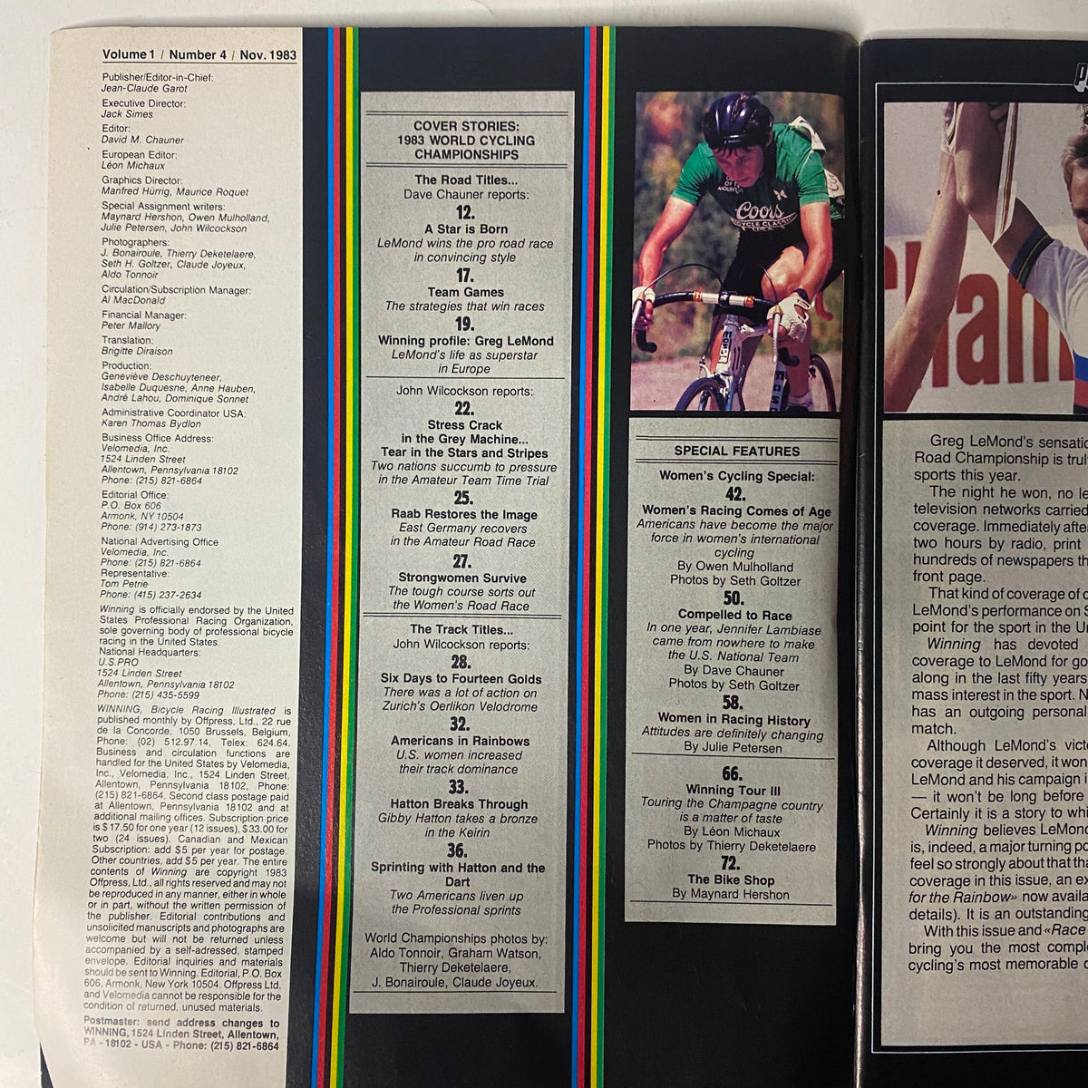 Inside view of Winning Bicycle Racing Illustrated, November 1983, detailing contents including articles about Greg LeMond's victory and women's cycling highlights. Features colorful design with iconic cycling themes.