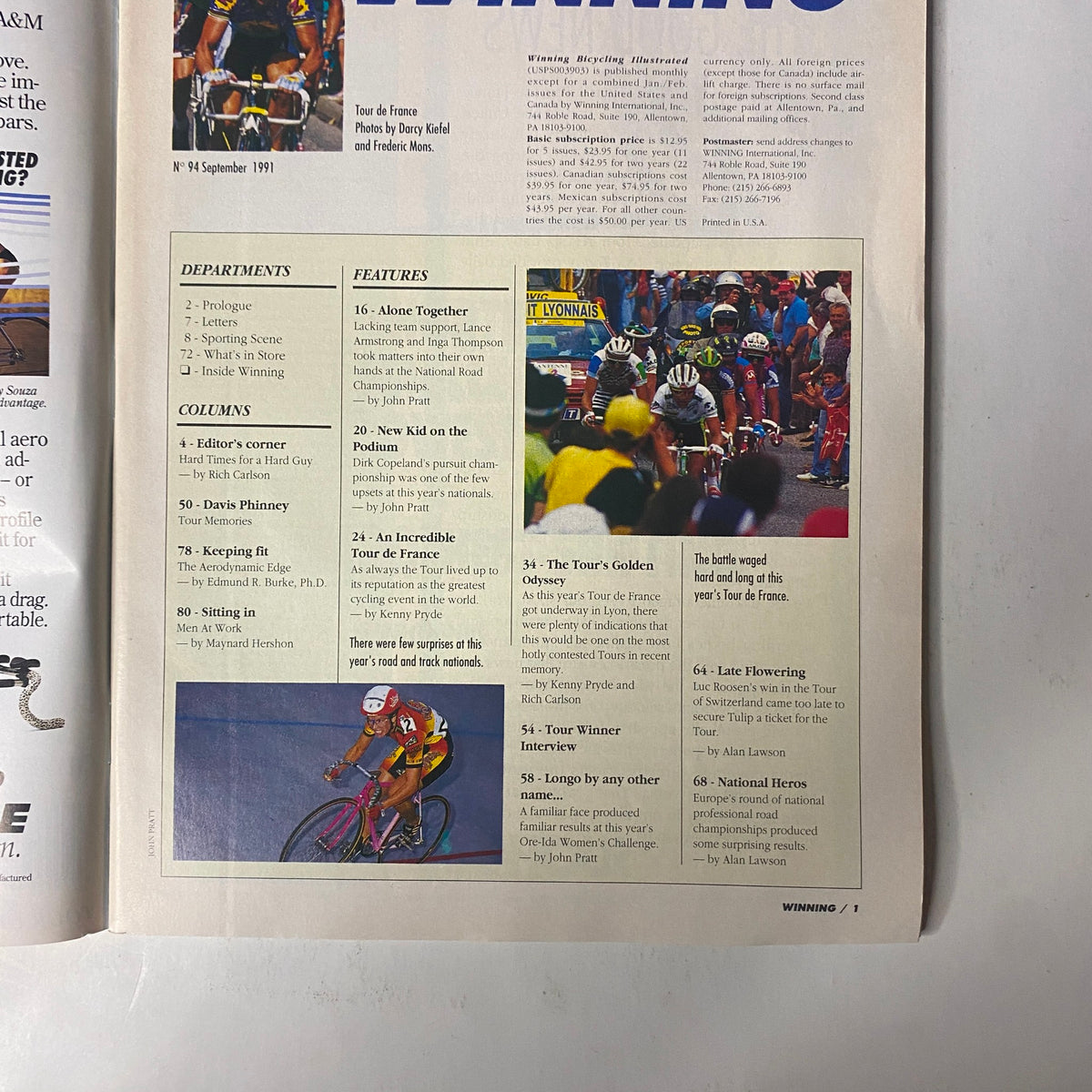 Inside page of Winning Bicycle Racing Illustrated September 1991 No. 94, highlighting articles and photographs related to the Tour de France and cycling events.