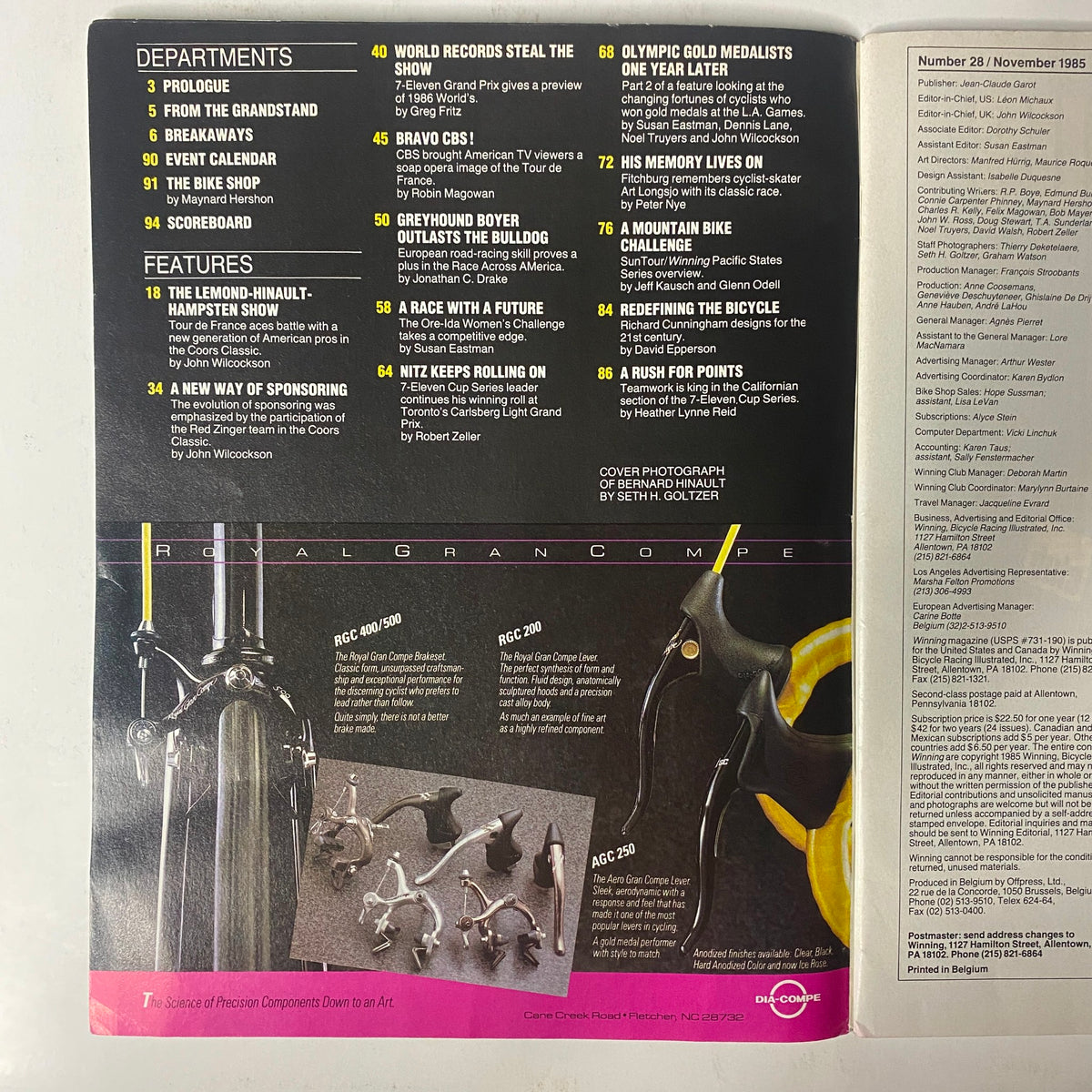 Inside page of Winning Bicycle Racing Illustrated, November 1985, No. 28, showcasing various departments and features of the magazine, including the evolution of bicycle sponsorship and profiles of cyclists.