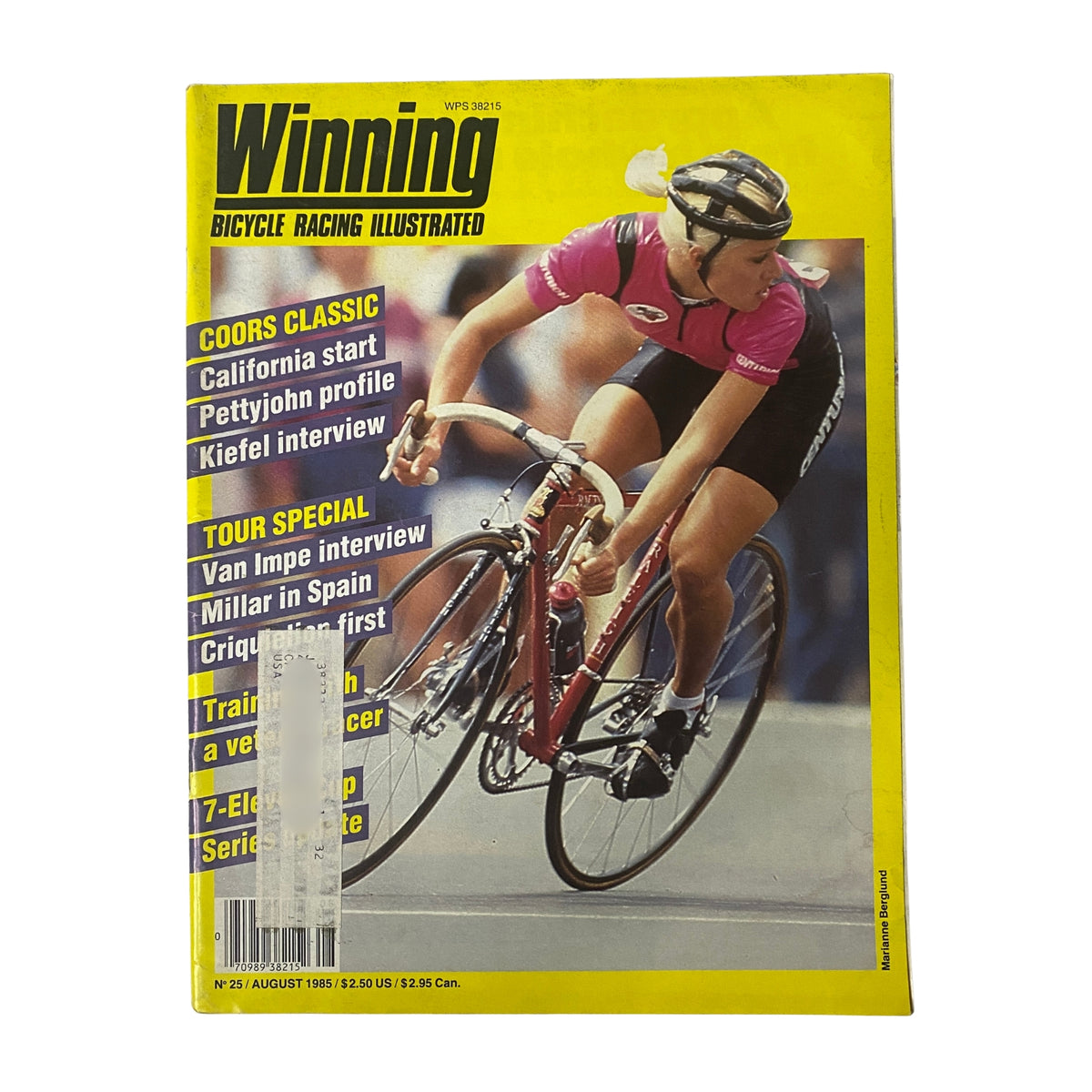 Cover of Winning Bicycle Racing Illustrated, August 1985, No. 25, featuring a cyclist in action, showcasing Marianne Berglund. This vintage magazine emphasizes the dynamic world of cycling.