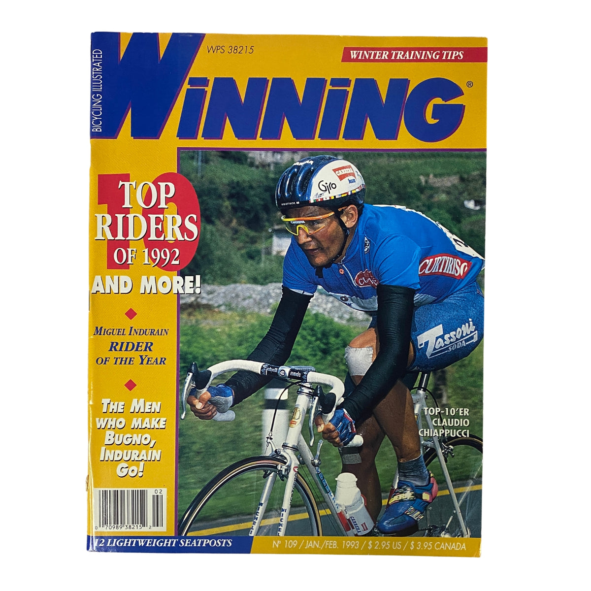 Cover of Winning Bicycle Racing Illustrated February 1993 No. 109 featuring Claudio Chiappucci; highlights include Top Riders of 1992 and winter training tips for cyclists.