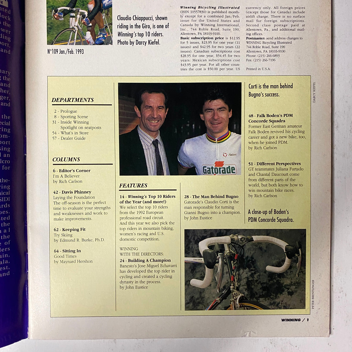 Interior page from Winning Bicycle Racing Illustrated February 1993 No. 109, showcasing a feature on Claudio Chiappucci and other top riders, along with details about departments and columns.