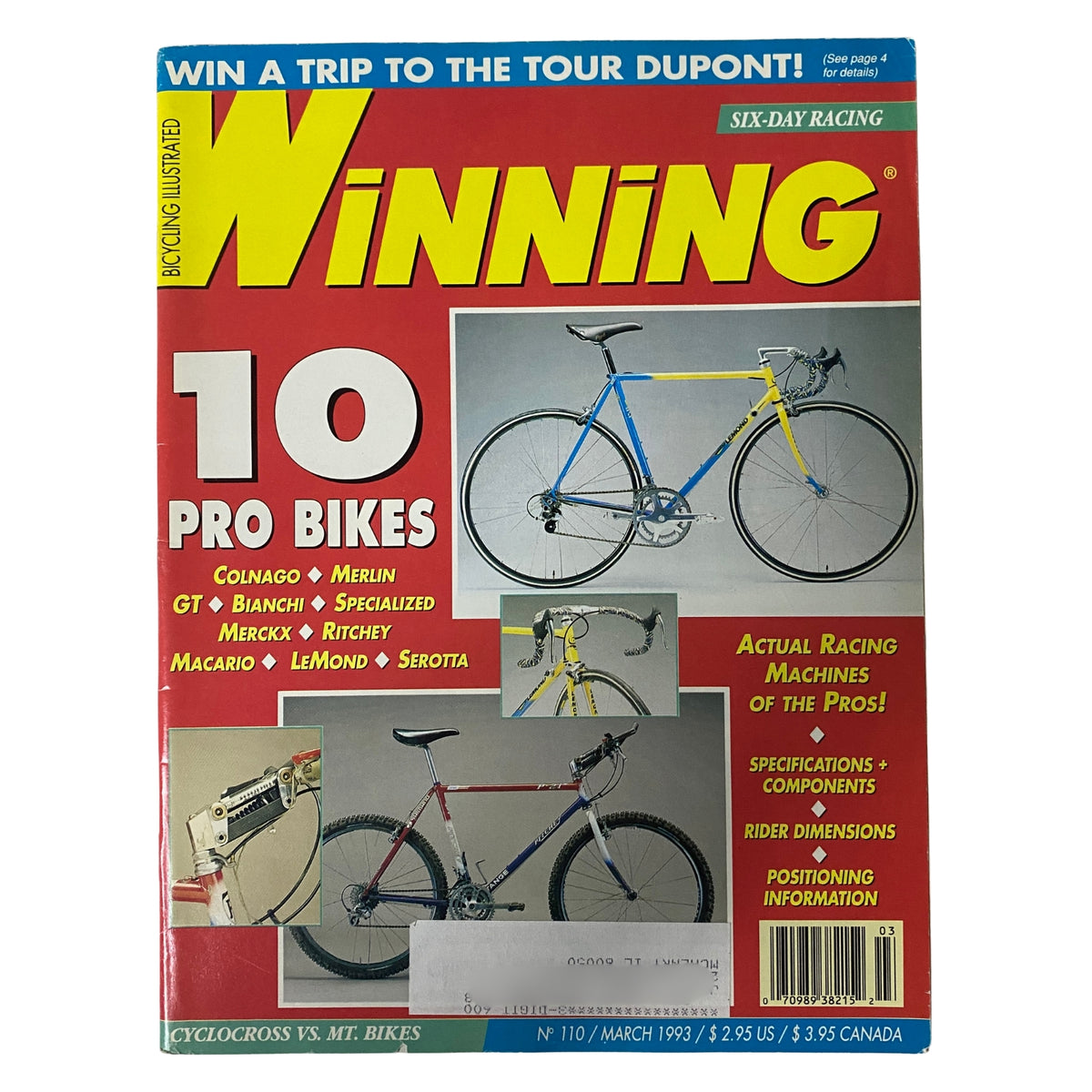 Winning Bicycle Racing Illustrated March 1993 No. 110 cover featuring '10 Pro Bikes' article with images of professional racing bicycles including models by Colnago, Bianchi, Specialized, Merckx, and more.