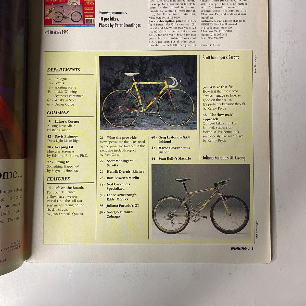 Inside page of Winning Bicycle Racing Illustrated March 1993 No. 110 showcasing '10 Pro Bikes' section with details on racing bicycles like Scott Moninger's Serotta and Juliana Furtado's GT Xizang.