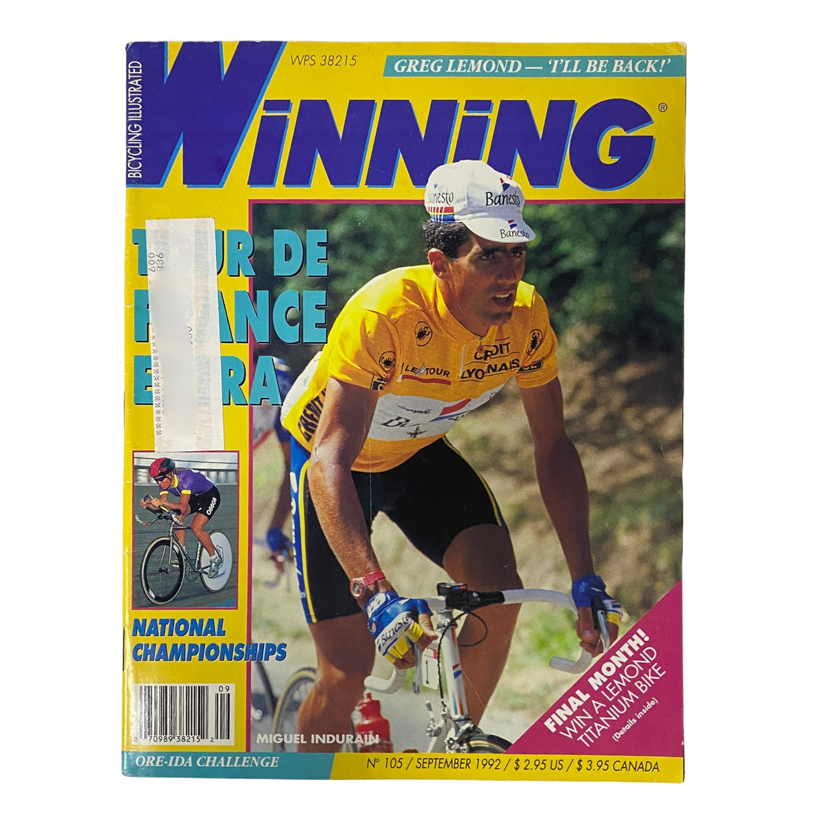 Cover of Winning Bicycle Racing Illustrated, September 1992, No. 105 featuring Miguel Indurain, highlighting his cycling achievements in very good condition.