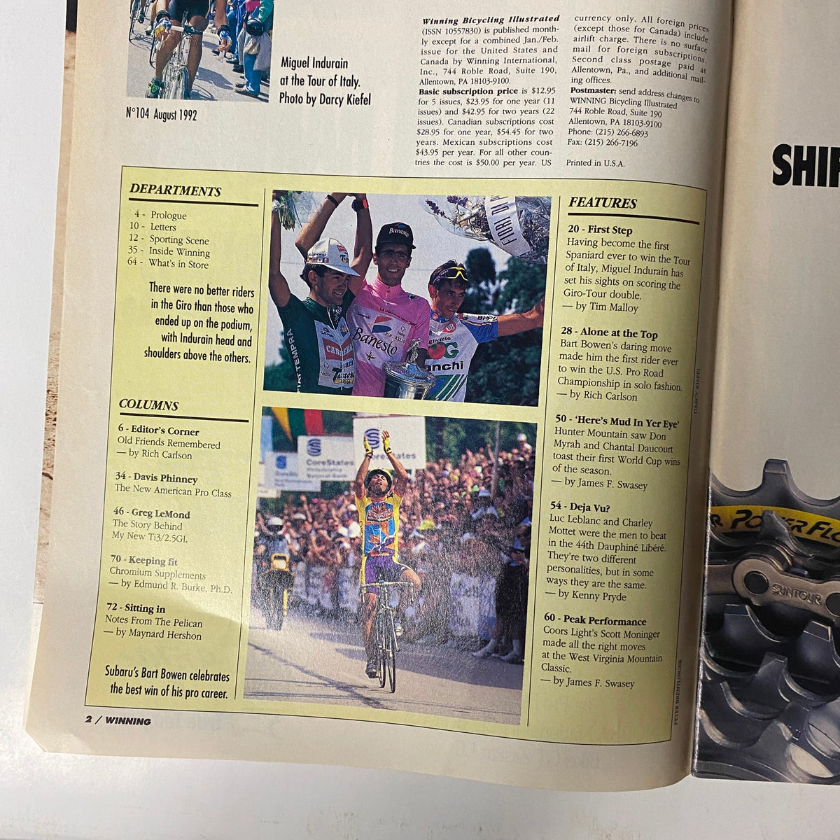Inside page of Winning Bicycle Racing Illustrated, August 1992, showcasing the table of contents and features including Miguel Indurain's historic Tour d'Italia victory and articles by prominent cyclists.