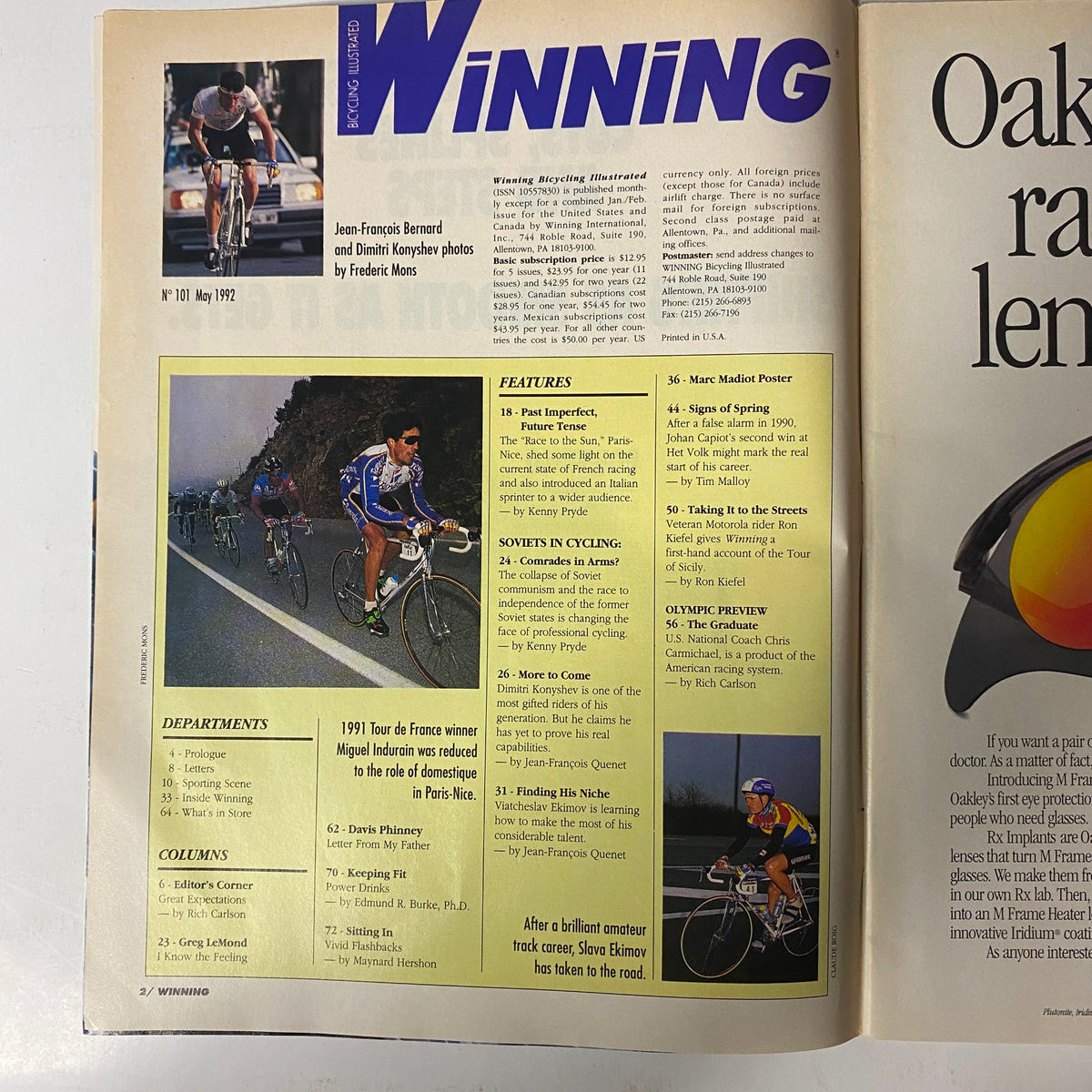 Interior page of Winning Bicycle Racing Illustrated May 1992 No. 101 displaying feature articles on cycling history and profiles of riders Jean-François Bernard and Dimitri Konyshev.