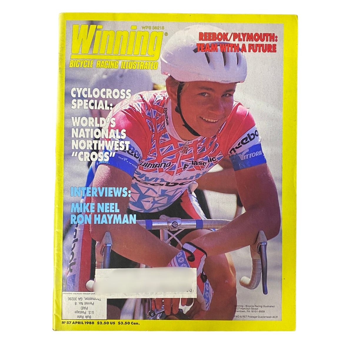 Winning Bicycle Racing Illustrated April 1988 No. 57 cover featuring Daryl Price, showcasing cycling highlights including a cyclocross special and topics like the Reebok/Plymouth team's future.