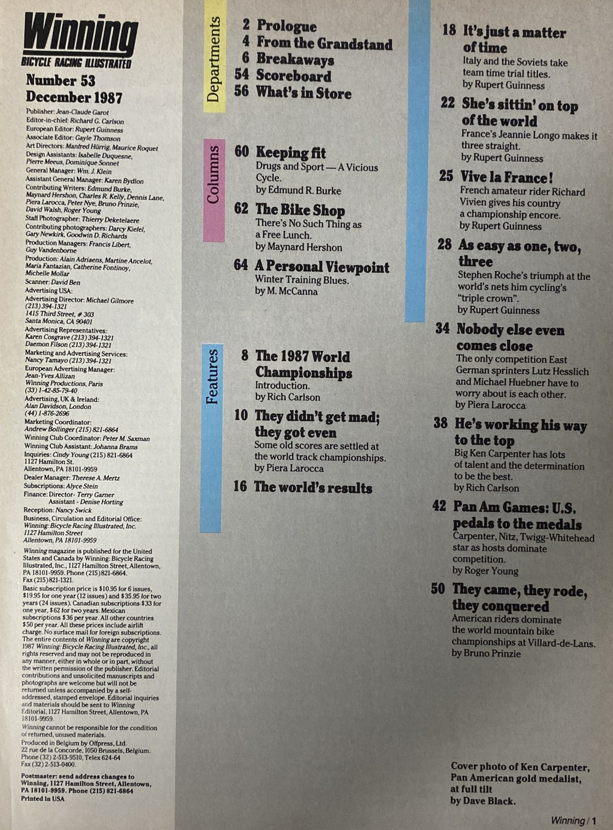 Table of contents from Winning Bicycle Racing Illustrated December 1987 No. 53, outlining featured articles and columns, including coverage of cycling events and athlete profiles.