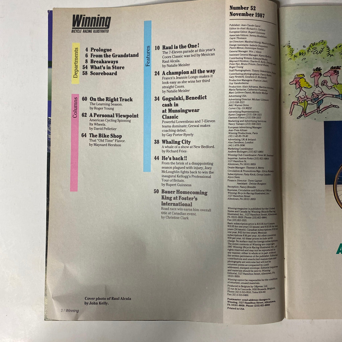 Inside page of Winning Bicycle Racing Illustrated, November 1987, No. 52. This page lists departments and columns, emphasizing contributions from various cycling analysts. The layout provides insights into featured articles about Raul Alcala and other cycling highlights.