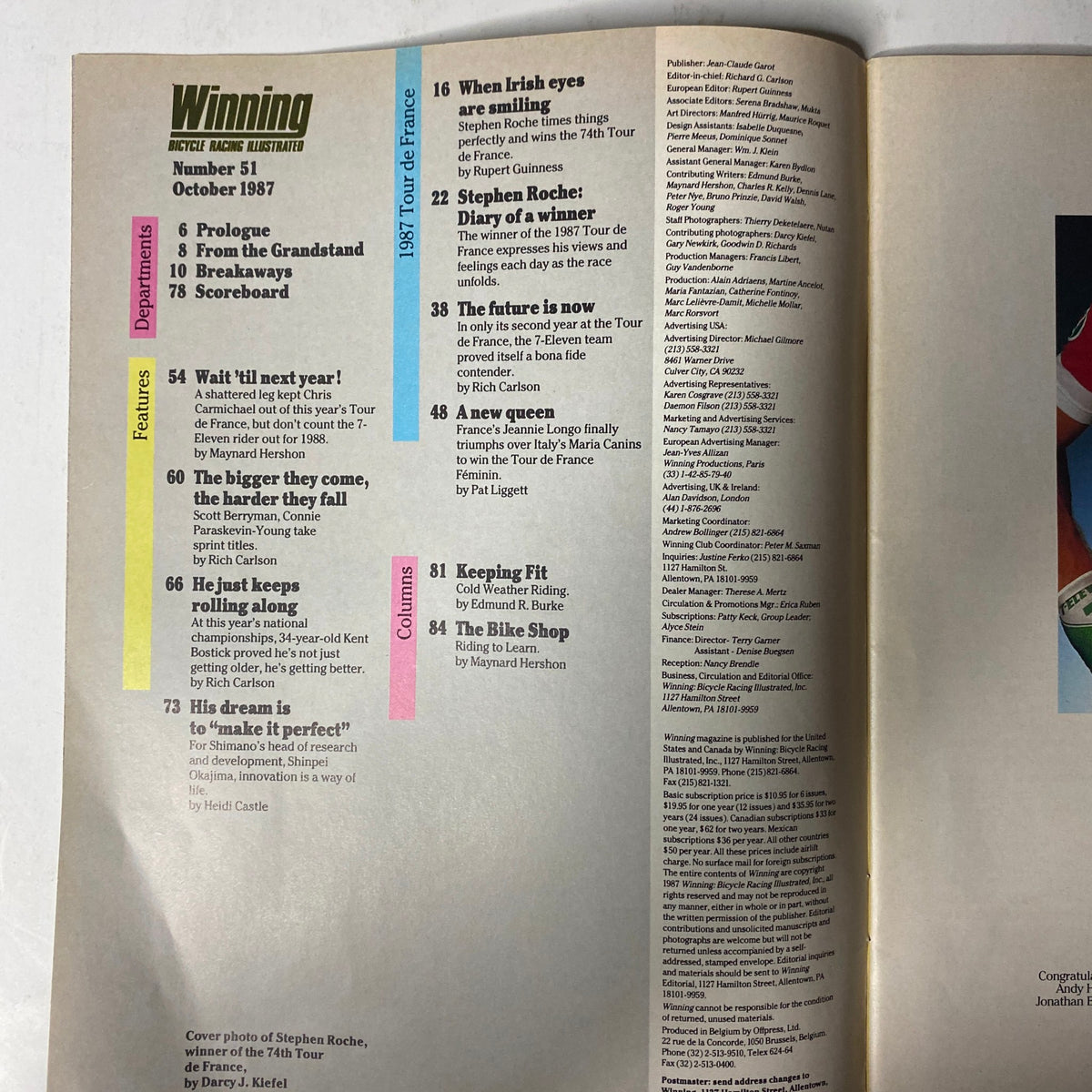 Inside view of the Winning Bicycle Racing Illustrated magazine, October 1987, No. 51, featuring articles on Stephen Roche's Tour de France victory and cycling highlights. Suitable for cycling enthusiasts and collectors.