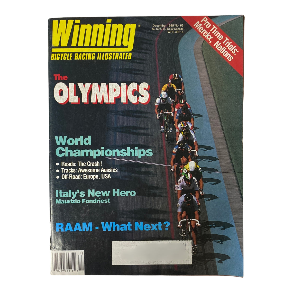 Cover of Winning Bicycle Racing Illustrated December 1988 No. 65 featuring the Seoul Olympics, showcasing cyclists in action and highlighting coverage of World Championships and mountain biking.
