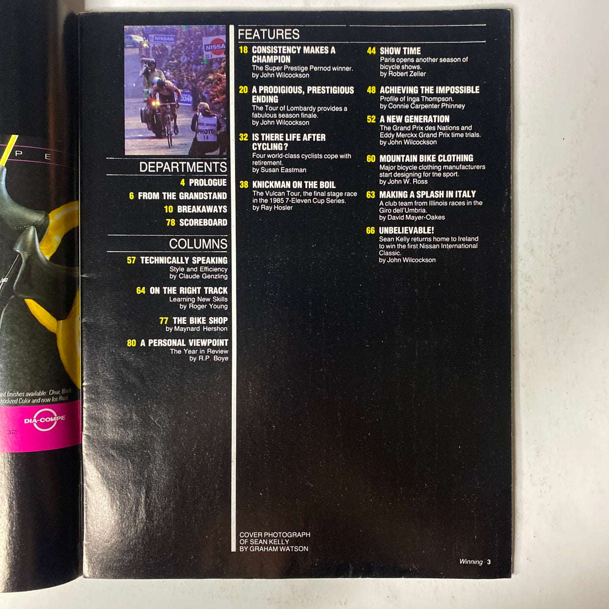 Inside page of Winning Bicycle Racing Illustrated January 1986 No. 30, detailing features and columns, including articles on competition highlights and cycling tips.