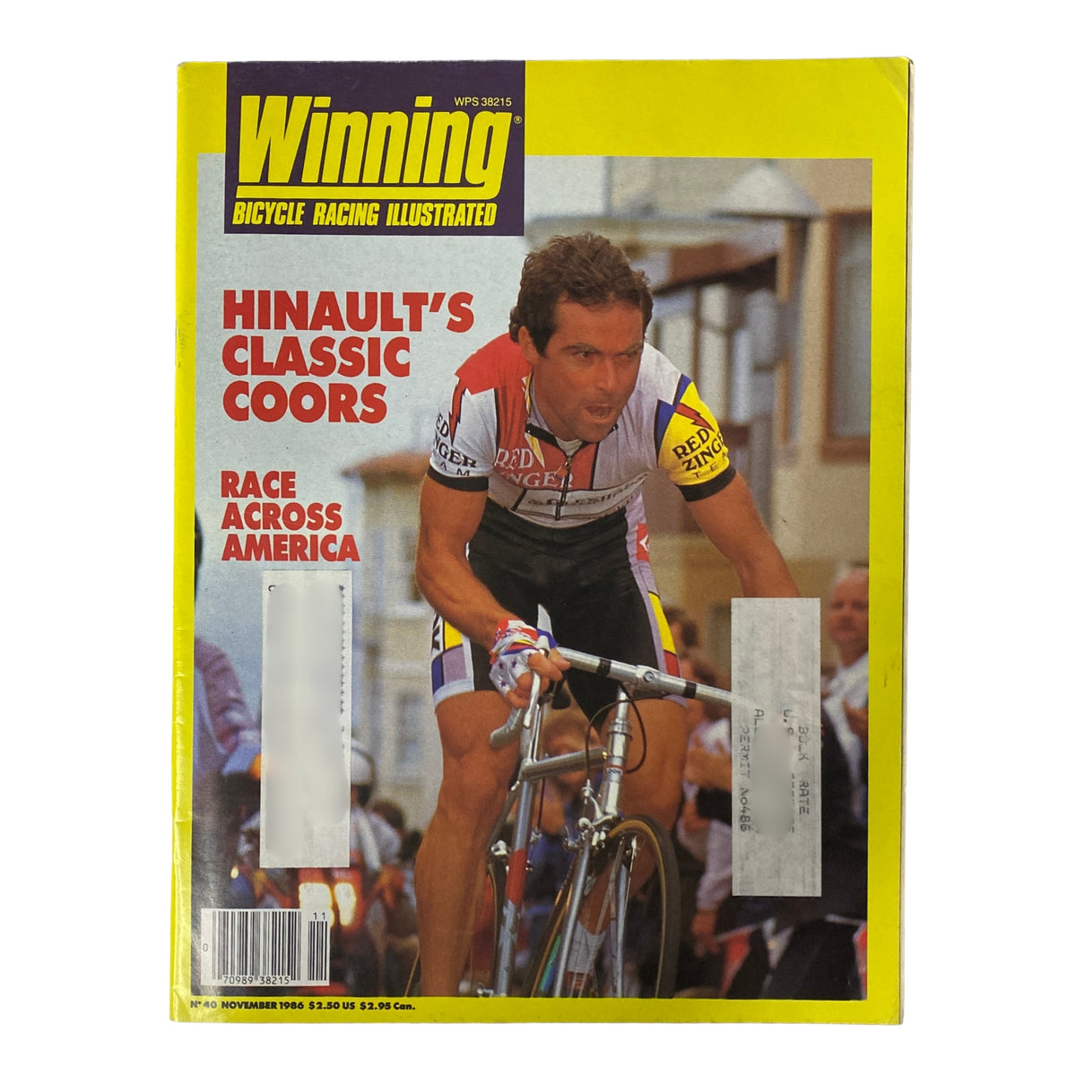 Cover of Winning Bicycle Racing Illustrated, November 1986, featuring Bernard Hinault in cycling gear, highlighting the 1986 Coors Classic and Race Across America.