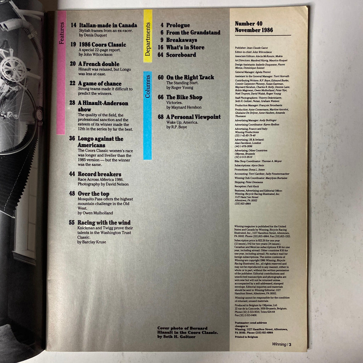 Table of contents from Winning Bicycle Racing Illustrated, November 1986, detailing features and columns, including a focus on Bernard Hinault and the 1986 Coors Classic.