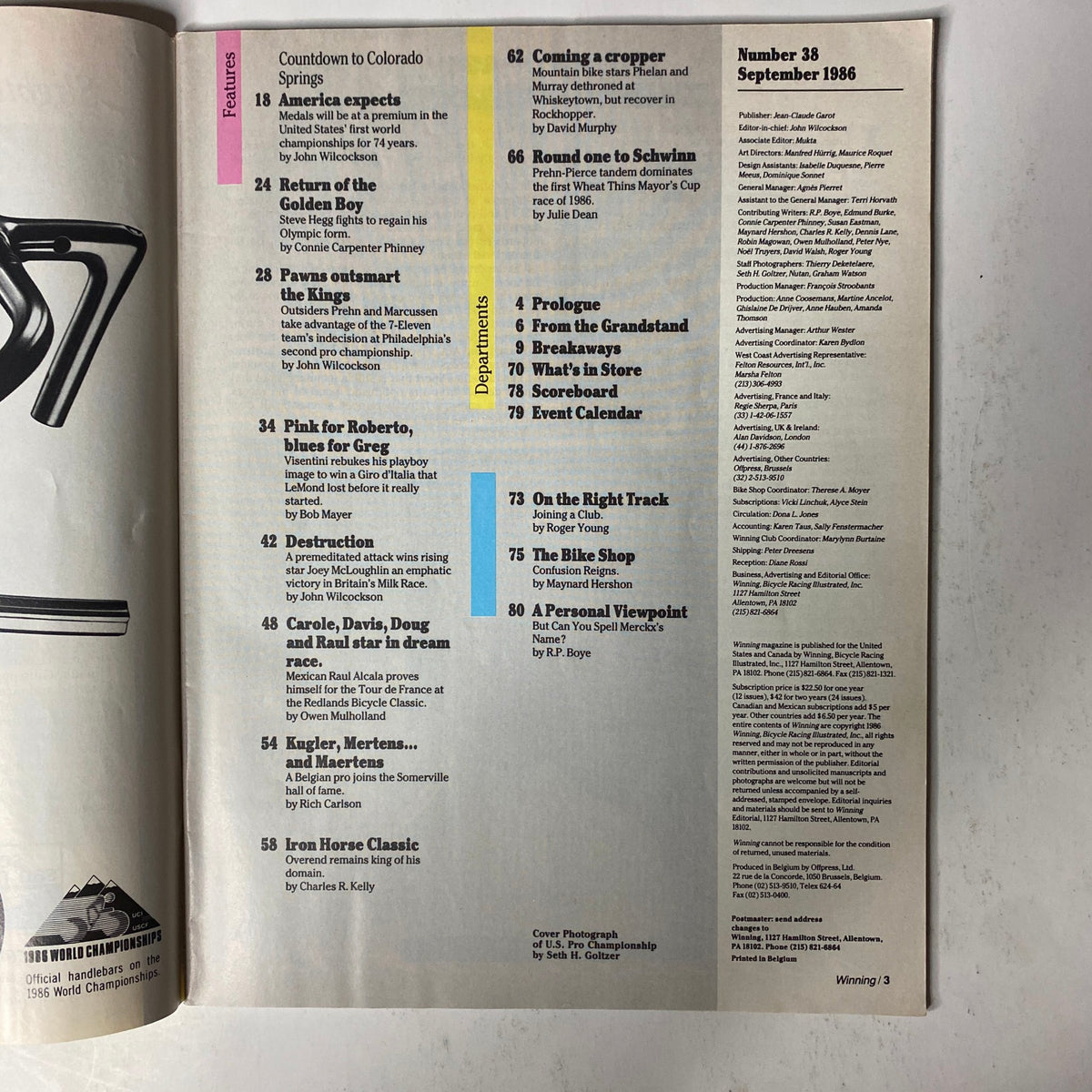 Table of contents for Winning Bicycle Racing Illustrated September 1986 No. 38, detailing features such as the Countdown to Colorado Springs and articles on prominent cyclists.