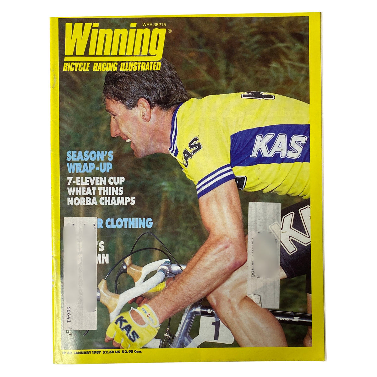 Cover of Winning Bicycle Racing Illustrated January 1987 No. 42 featuring Sean Kelly in a yellow jersey, showcasing the racing season's highlights.