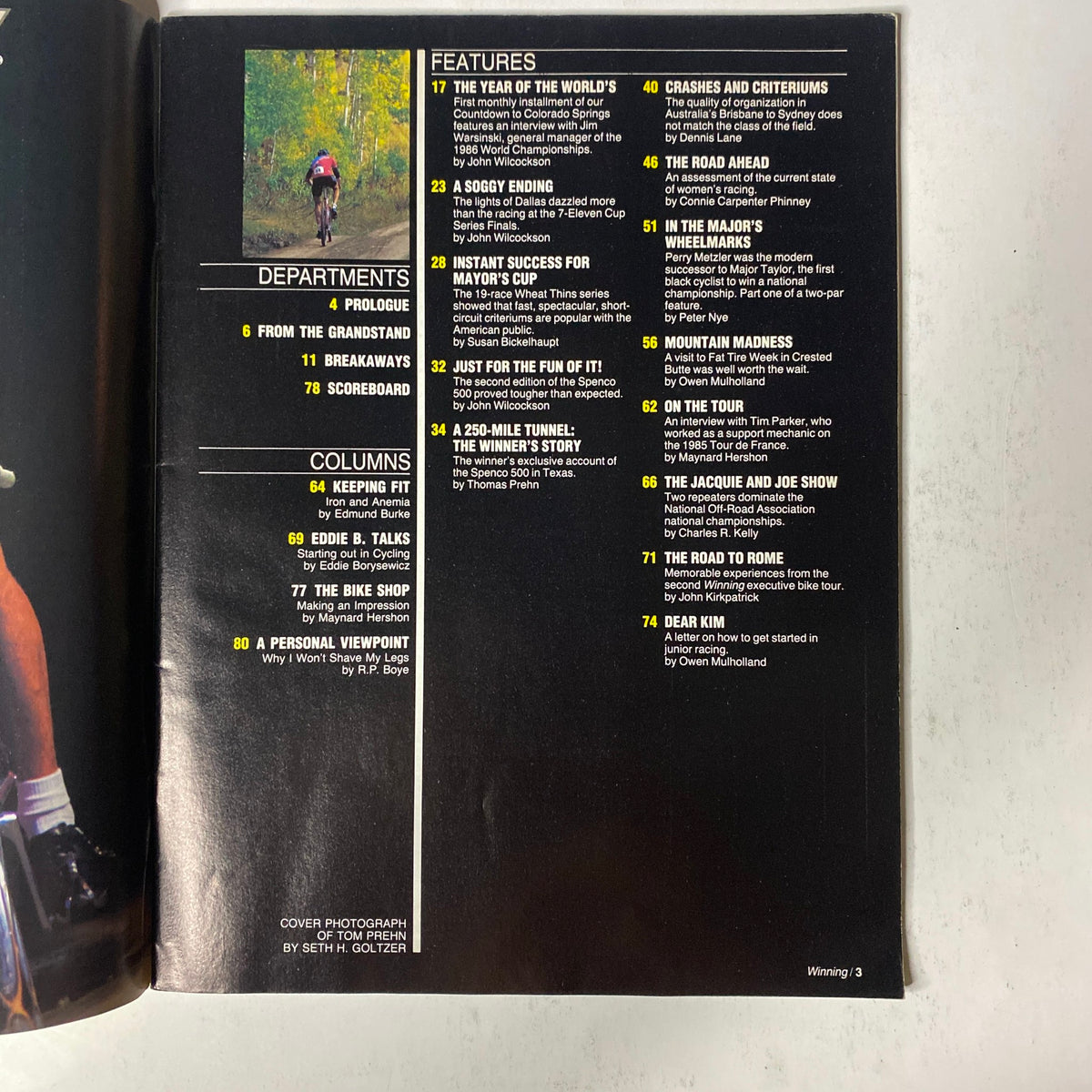 Inside page of Winning Bicycle Racing Illustrated February 1986 No. 31 displaying the features, departments, and columns including a focus on women's racing and cycling events.