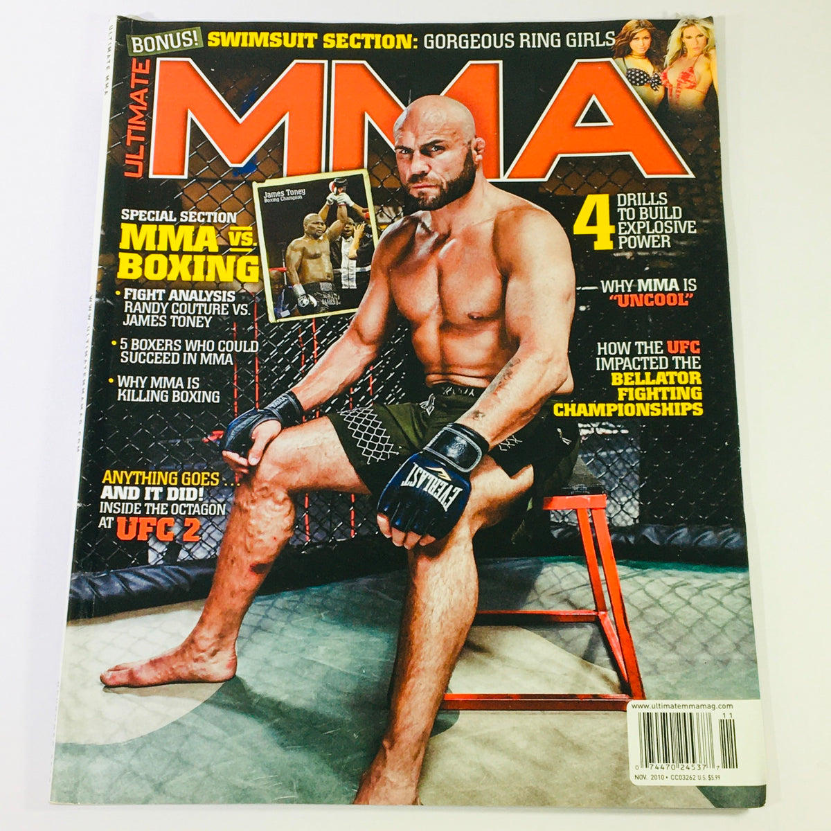 Cover of Ultimate MMA Magazine November 2010 featuring Randy Couture vs James Toney, showcasing MMA fighter posing in training gear, highlighting the magazine's focus on mixed martial arts and boxing analysis.