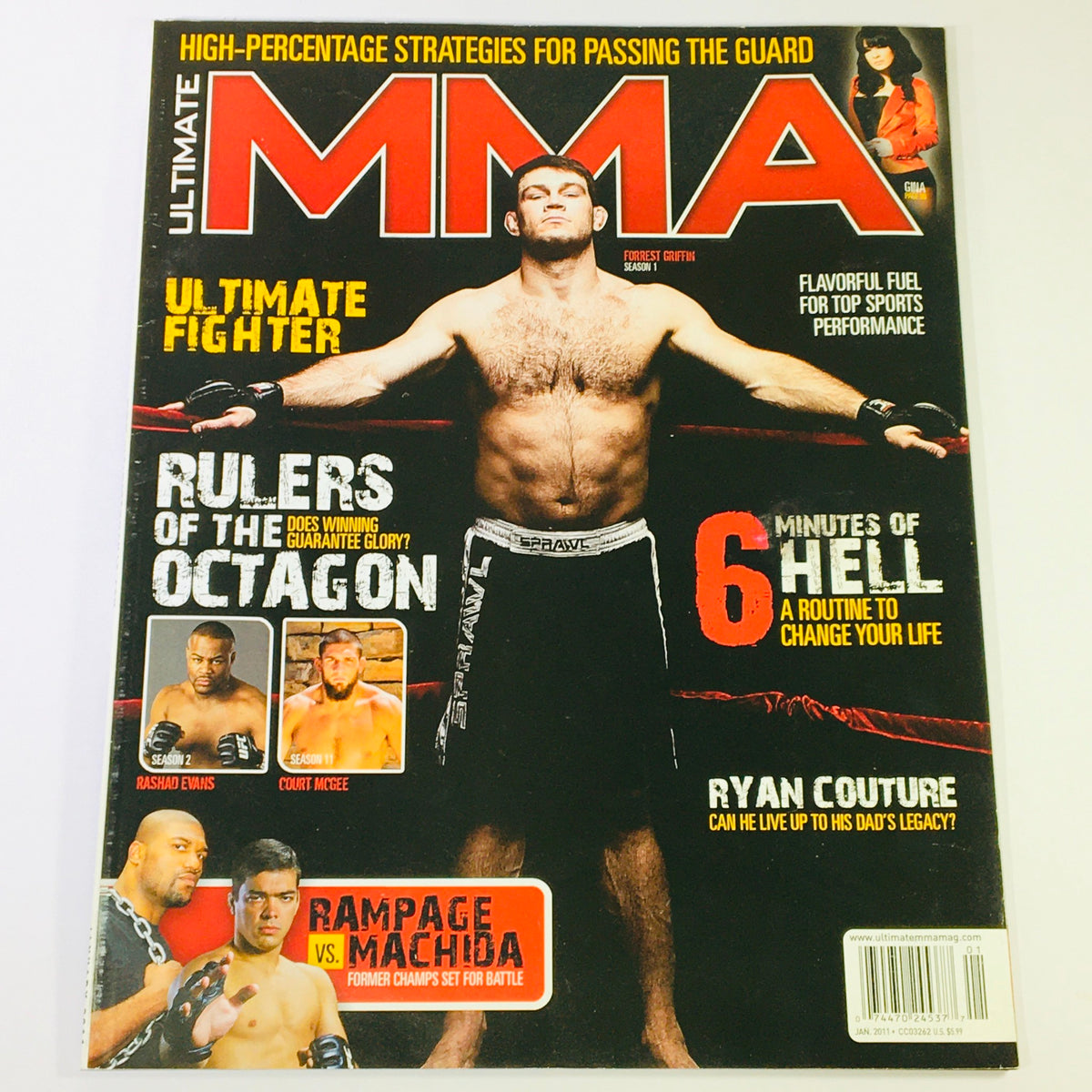 Ultimate MMA Magazine January 2011 cover featuring Ryan Couture, Rashad Evans, and Court McGee, highlighting the excitement of mixed martial arts with bold graphics and energetic imagery.