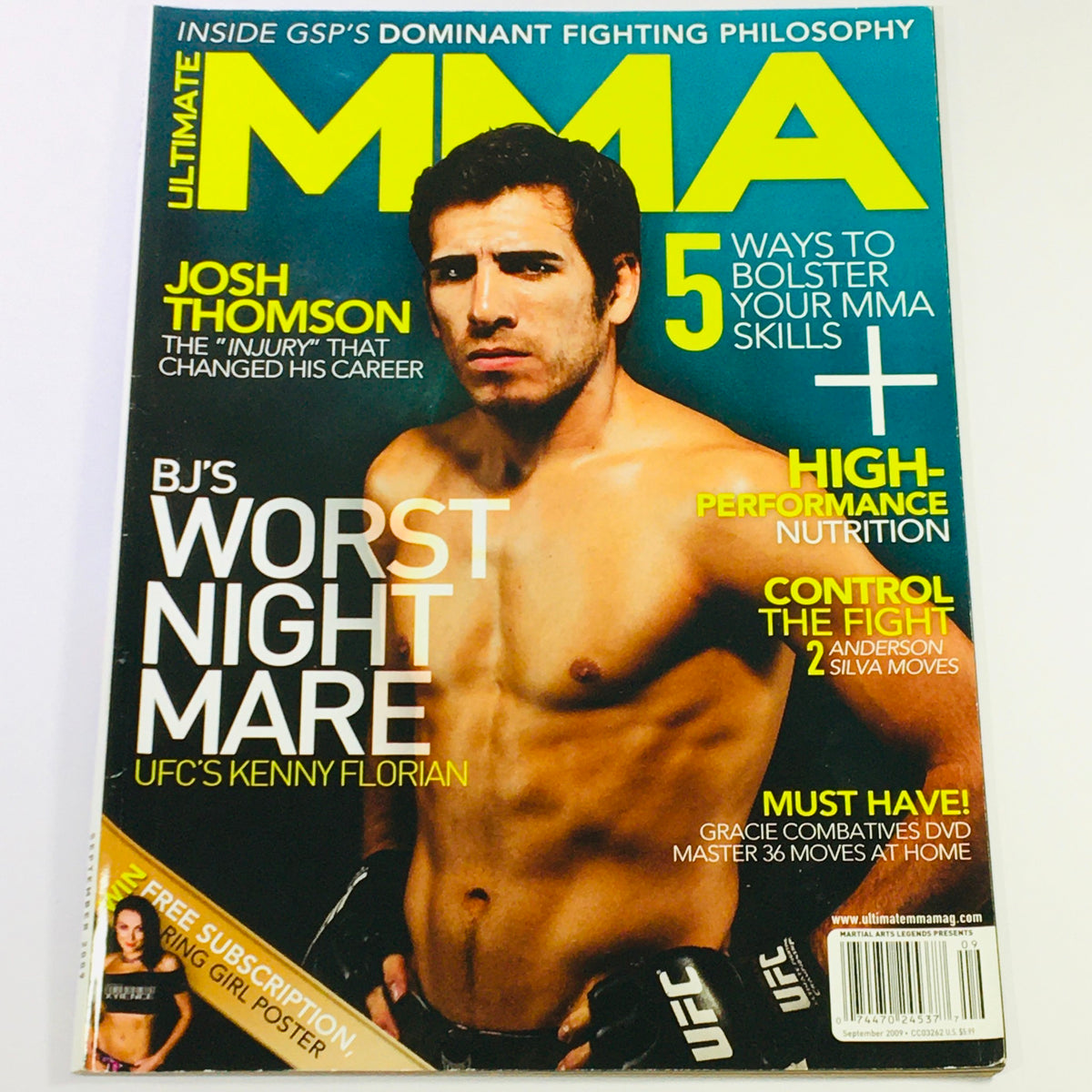 Cover of Ultimate MMA Magazine from September 2009 featuring UFC fighters Kenny Florian and Josh Thomson. The magazine includes headlines about MMA skills, nutrition, and notable fights.