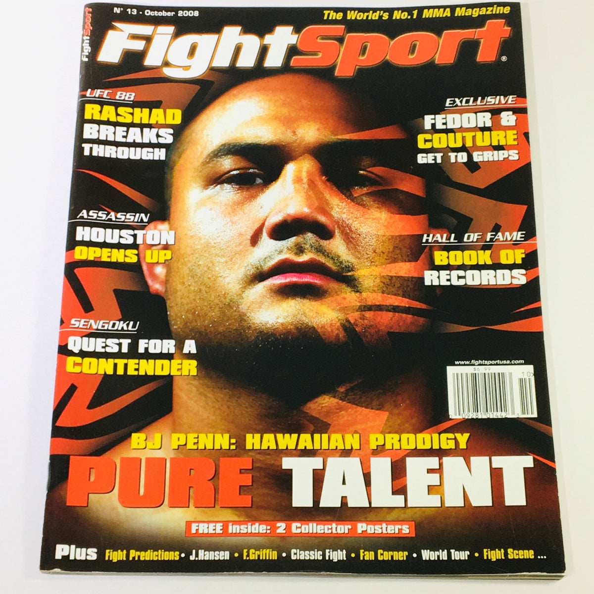 Cover of Fight Sport Magazine October 2008 #13 featuring BJ Penn, Rashad Evans, and Joachim Hansen, highlighting topics such as 'Hawaiian Prodigy', 'Pure Talent', and 'Rashad Breaks Through'.
