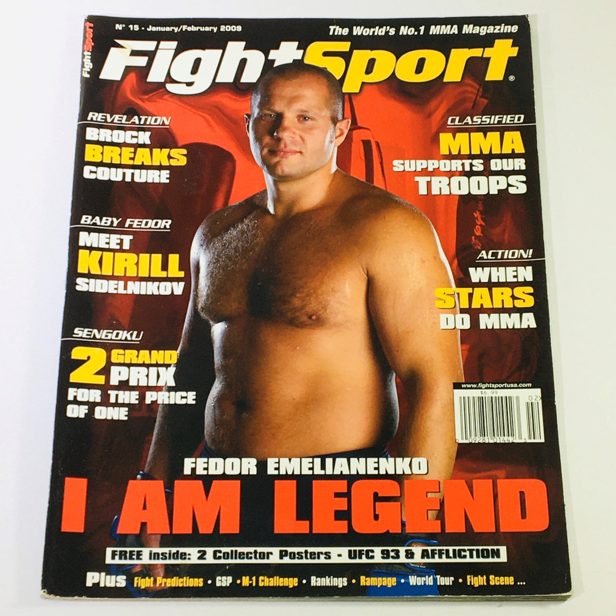 Fight Sport Magazine January February 2009 #15 cover featuring Fedor Emelianenko and Kirill Sidelnikov with headlines about MMA and featured stories.