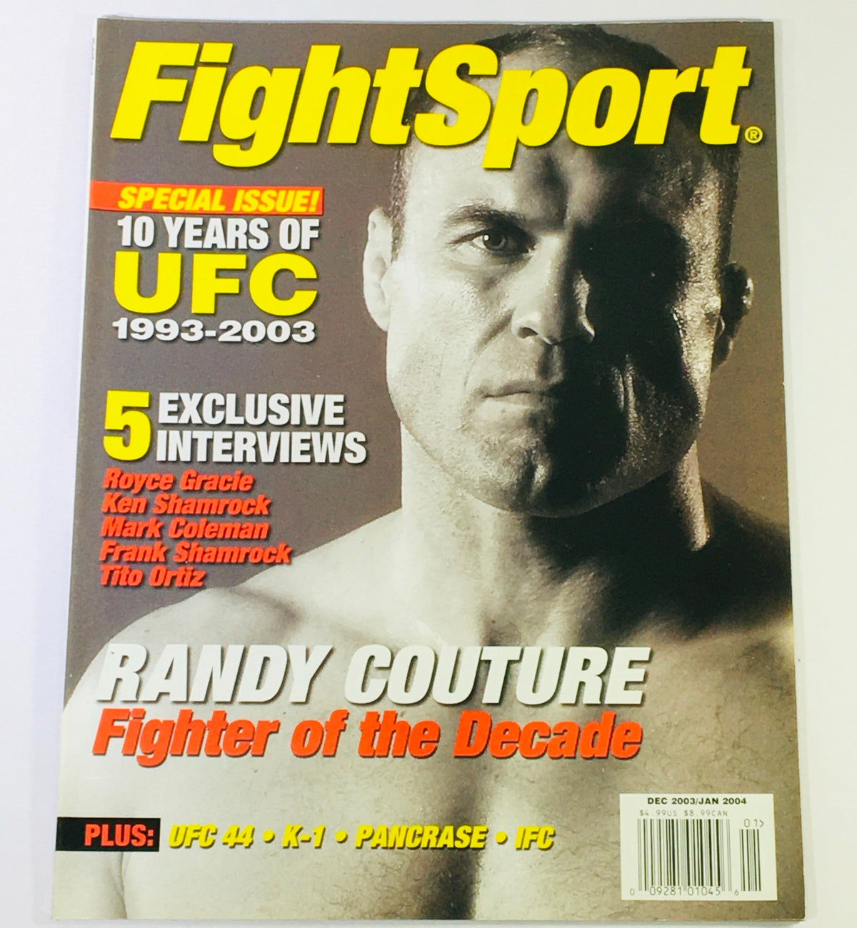 Fight Sport Magazine cover from December 2003 to January 2004 featuring Randy Couture, highlighted as 'Fighter of the Decade', and including special interviews with Royce Gracie, Ken Shamrock, and others.