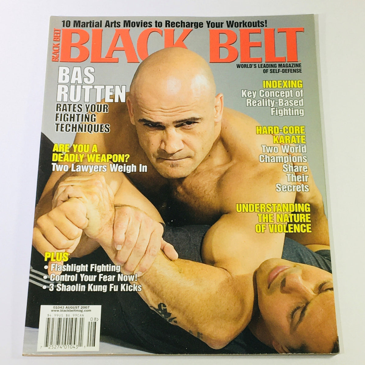 Cover image of Black Belt Magazine August 2007 featuring Bas Rutten, highlighting martial arts techniques and hard-core karate, with a focus on self-defense and training tips.