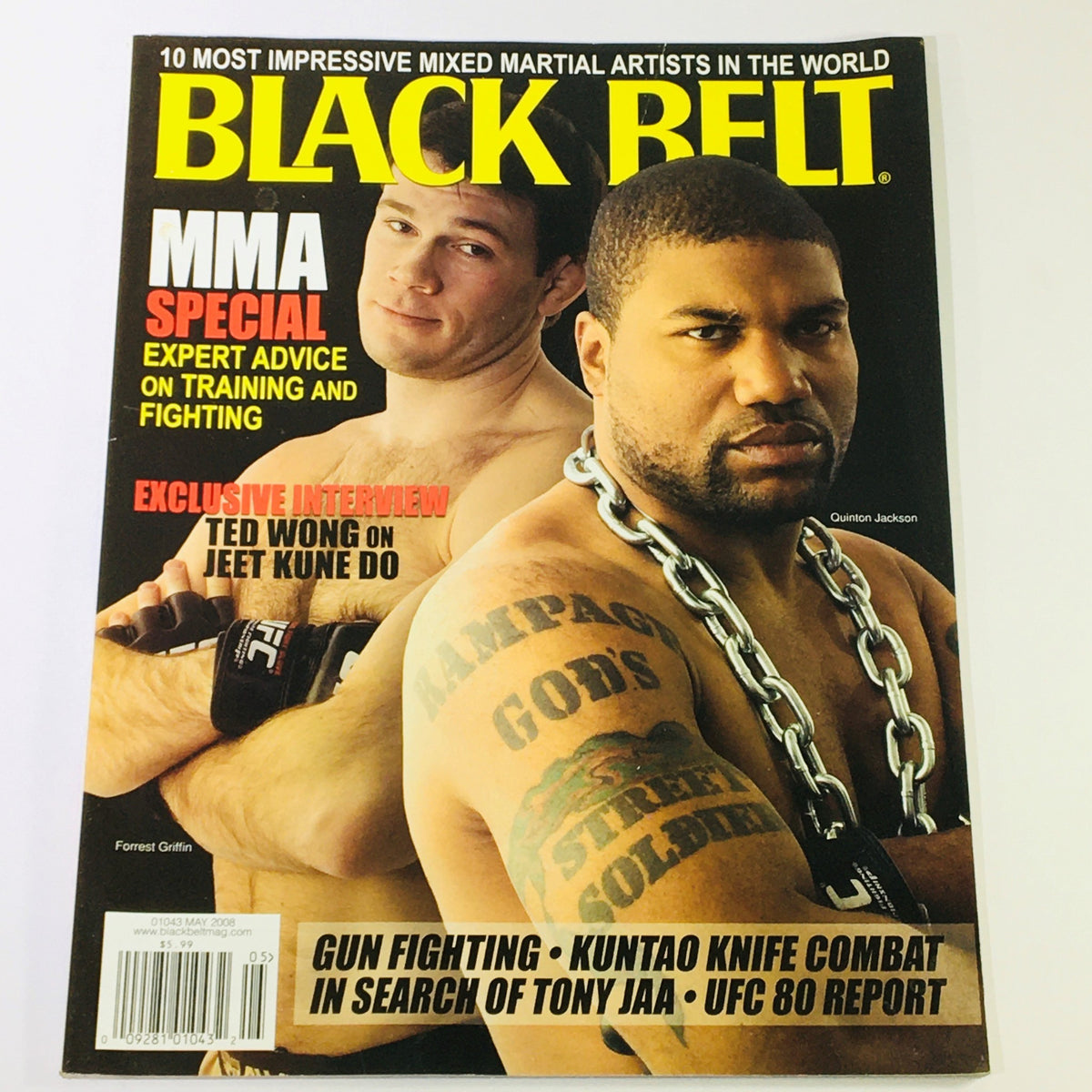 Cover of Black Belt Magazine May 2008 featuring Quinton Jackson and Forrest Griffin, highlighting MMA special and expert advice on training and fighting.