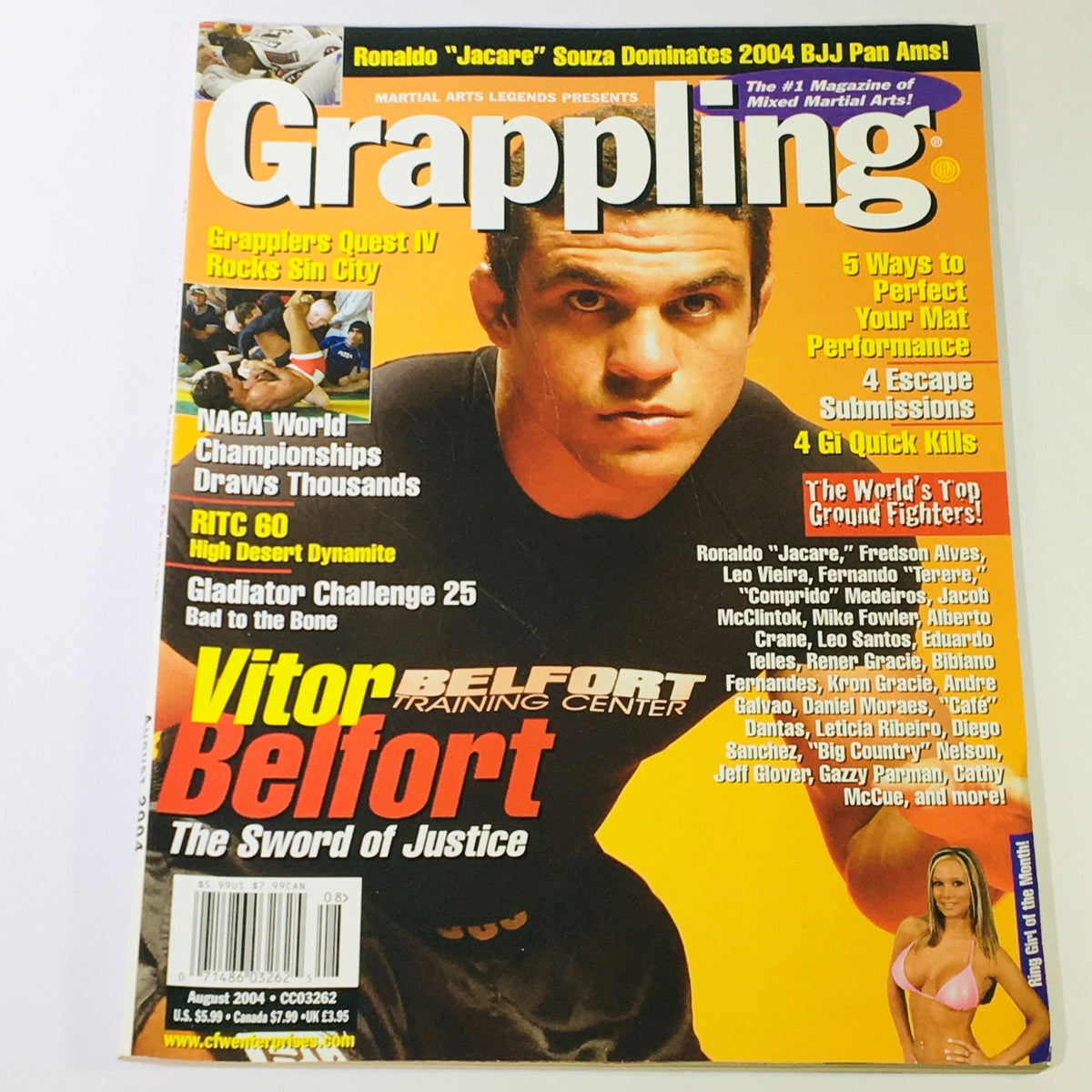 Grappling Magazine August 2004 cover featuring Vitor Belfort and Ronaldo 'Jacare' Souza; highlights martial arts topics, including fighter features and grappling techniques.